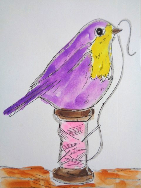 ACEO Little PURPLE BIRD Painting Art