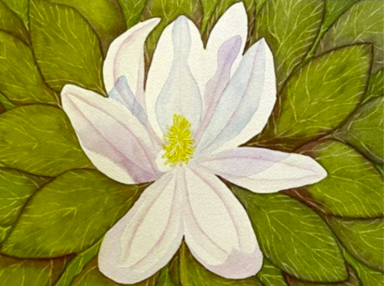 PAINTING WATERCOLOR 11X14 AND DOUBLE MAT 16X20 FLOWER MAGNOLIA WHITE PURPLE PINK