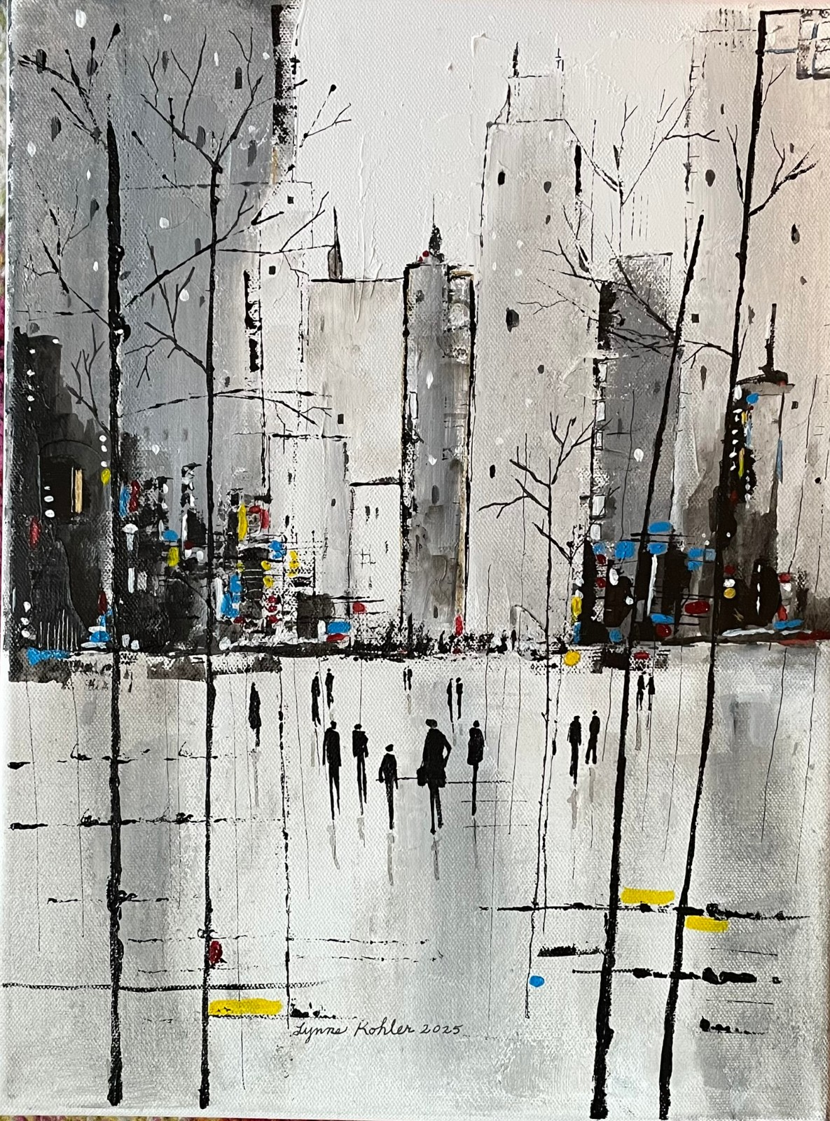 Original 12×16″ City living architecture people Canvas painting by Lynne Kohler
