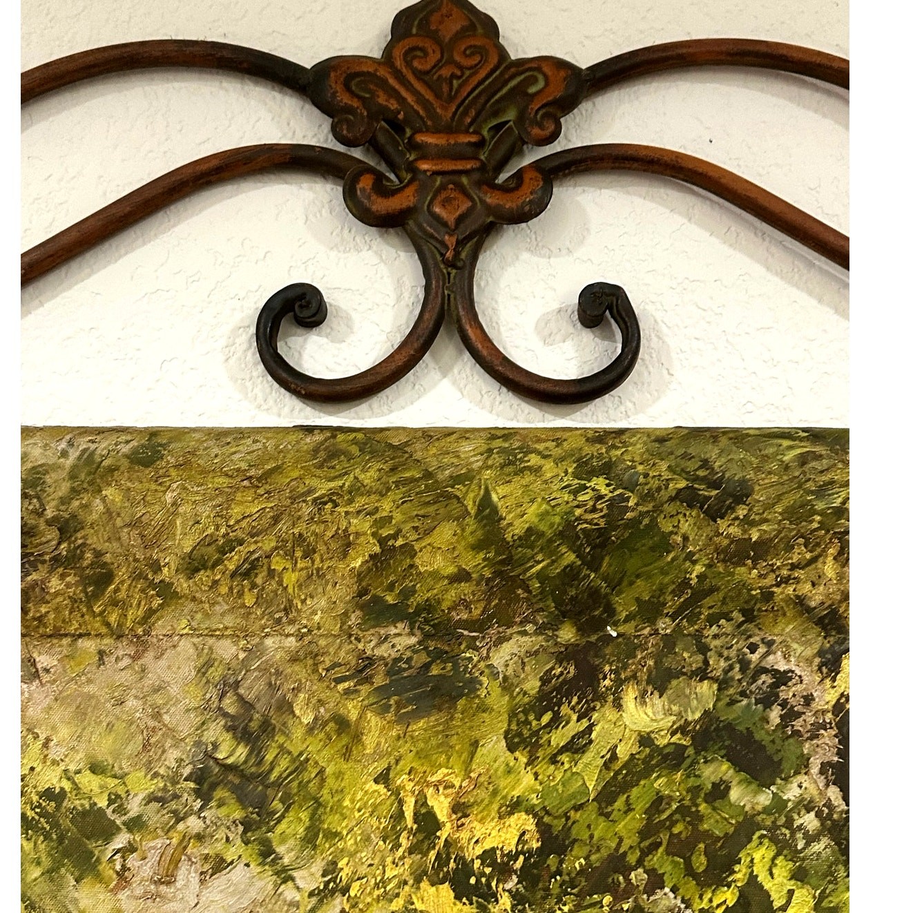Wrought Iron Wall Hanging Hand Painted Oil Canvas Autumn Forest Scene 36” x 42”