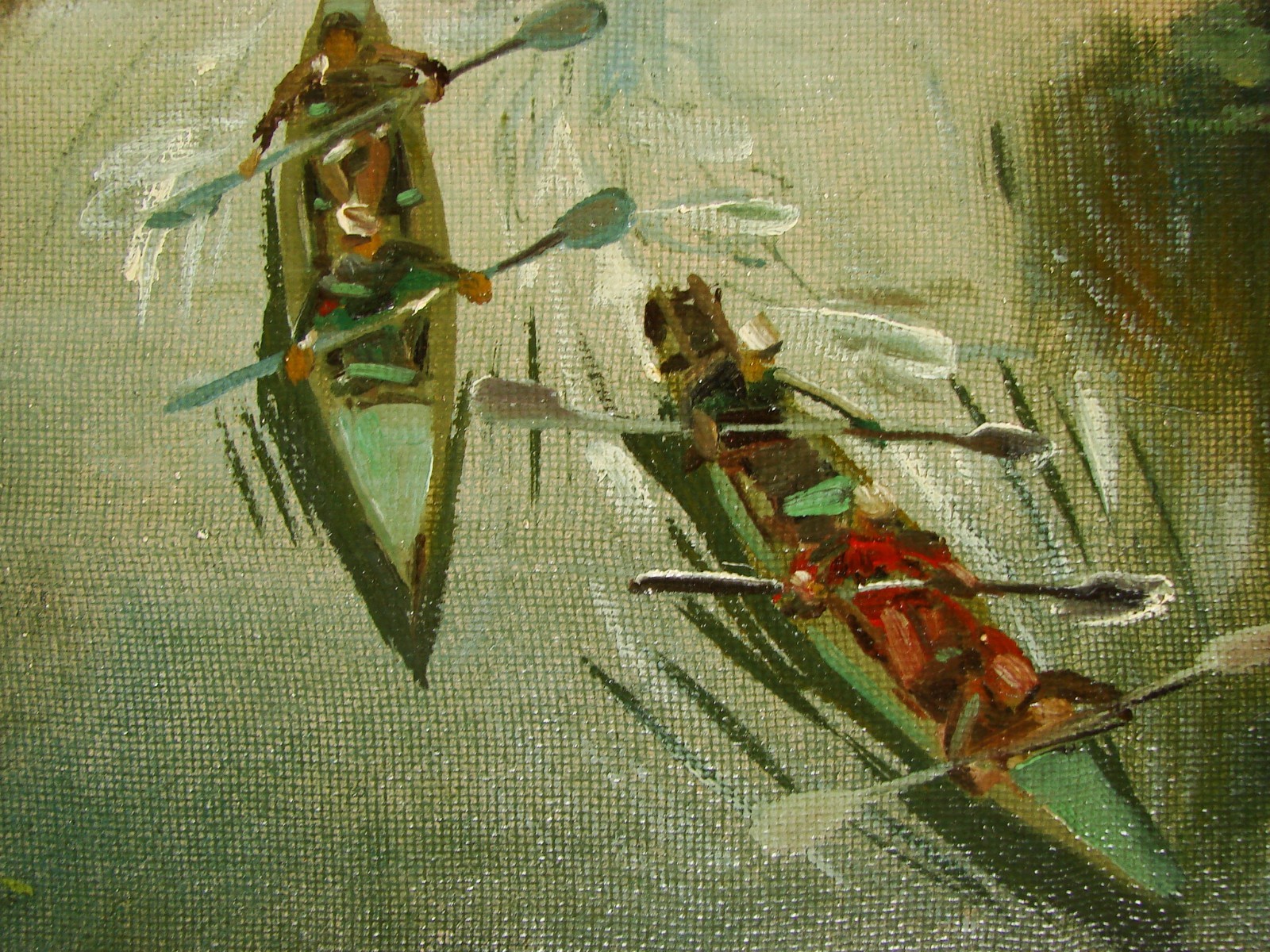 Ukrainian Soviet USSR oil painting impressionism realism river kayak boat rest