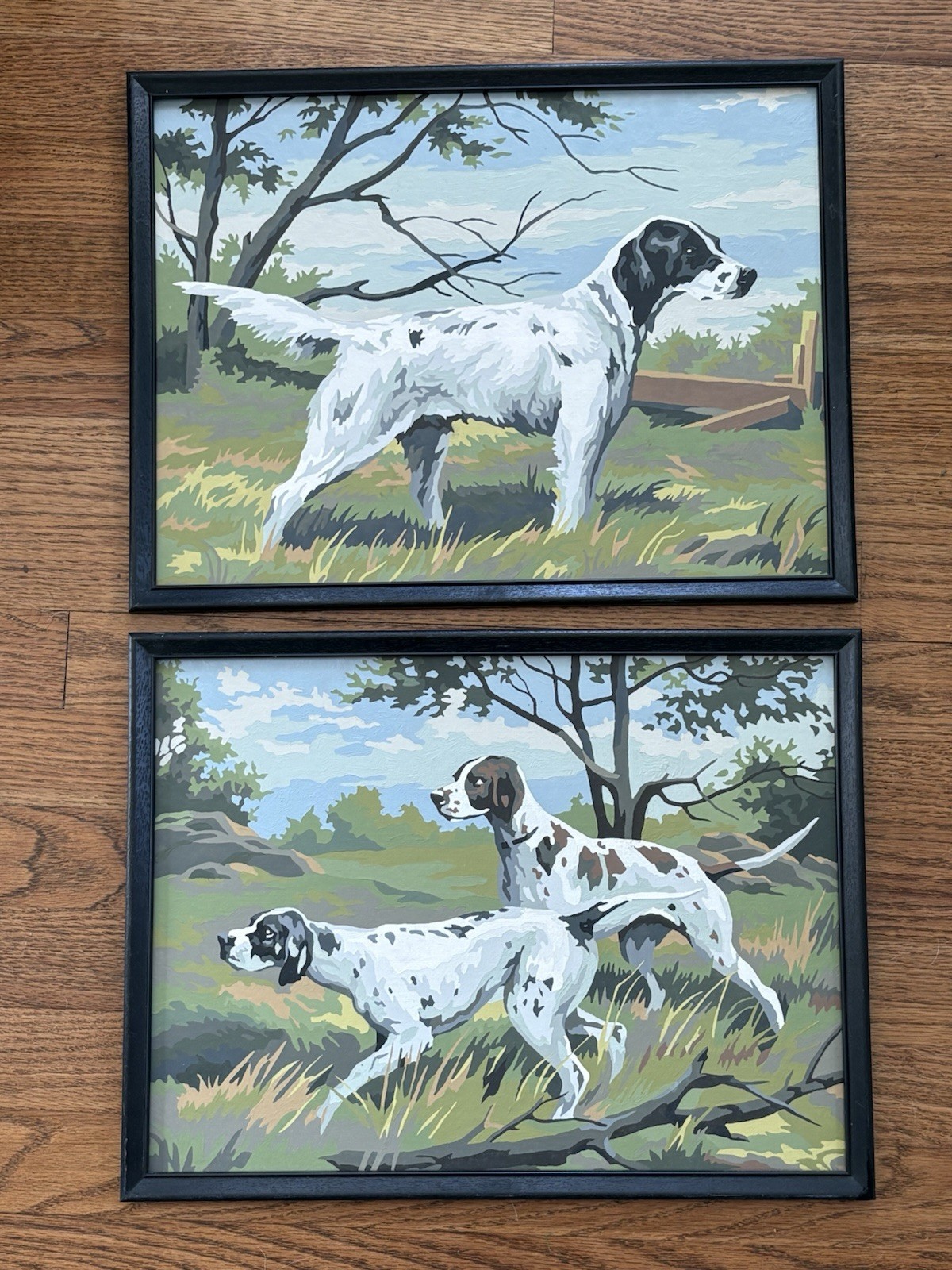Vintage Paint By Number Painting Hunting Camp Pointer Setter Dogs Framed Pair