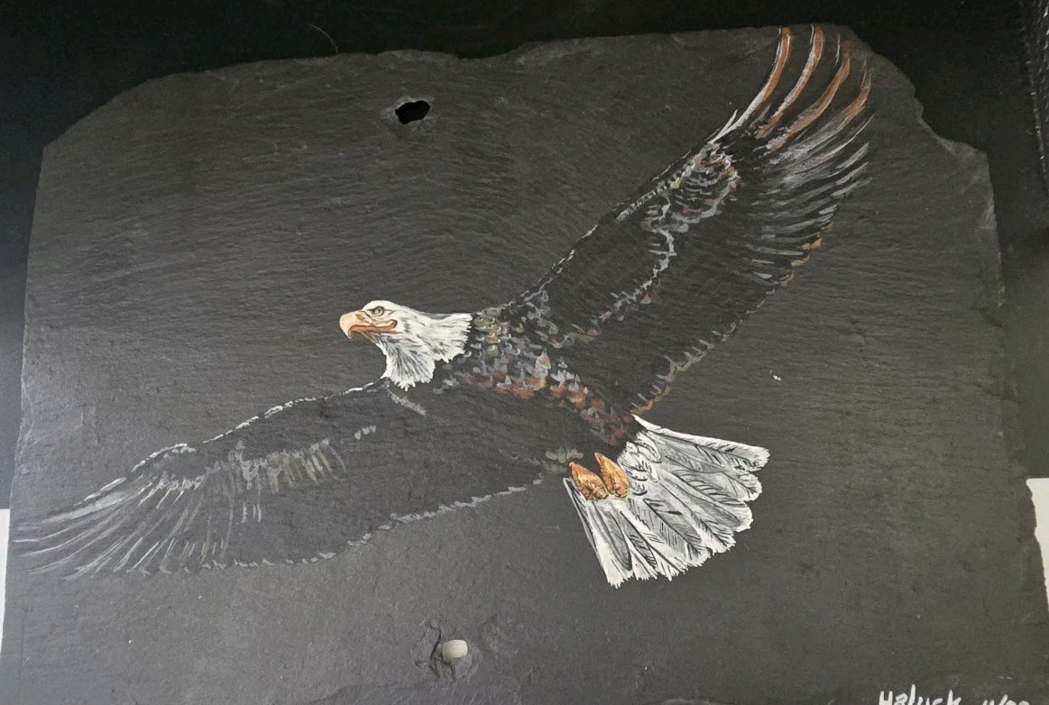 2000 Vintage Hand painted Eagle In Flight Natural Slate Art Signed by Artist
