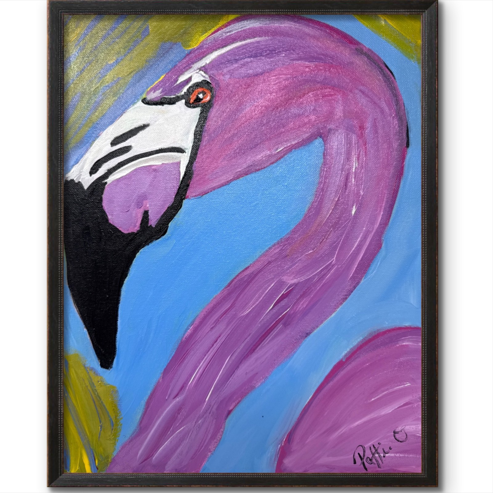 Pink Flamingo Original 14×11 Expressionist Animal Art Painting Canvas Signed