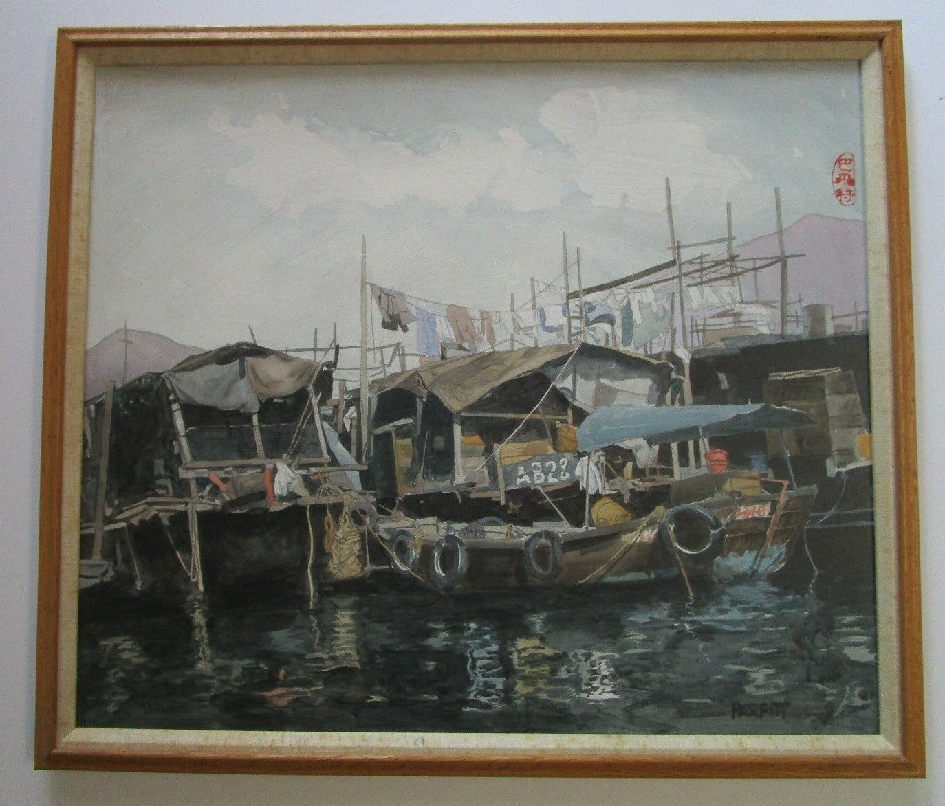 PARFITT PAINTING SIGNED OLD JUNK BOATS CHINA ? NAUTICAL VILLAGE MARINA OLD PORT
