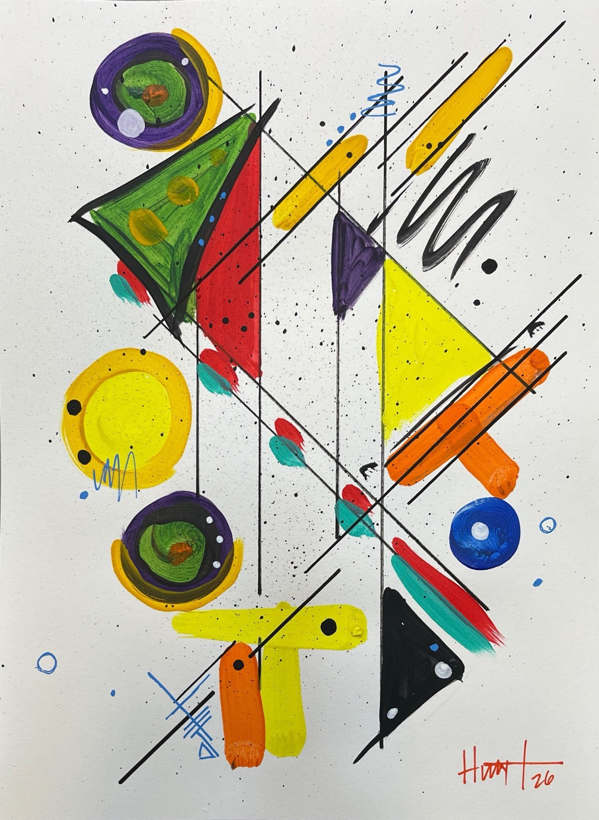 Hunt original: Acrylic on Paper Graphic Artwork 9×12 Colorful Unique Shapes