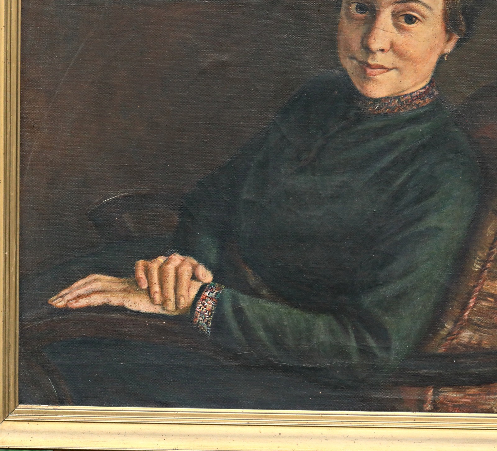 Antique Oil Painting of Lady Portrait in Armchair with Frame, Vintage