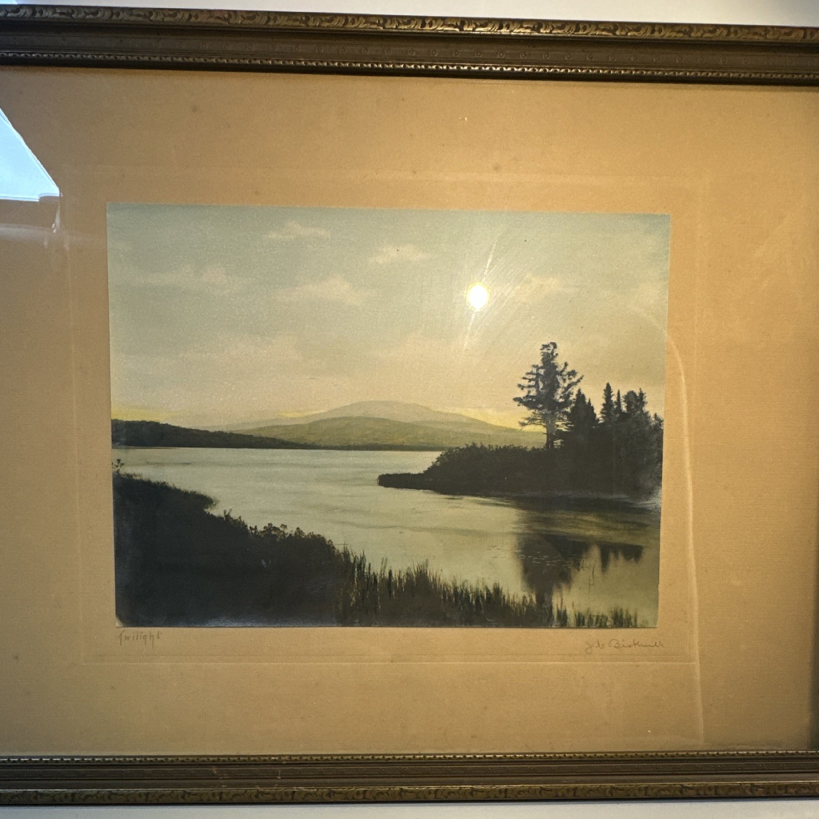 J. C. Bicknell Signed Framed Realism Landscape Painting ‘Twilight’, Lake, Trees
