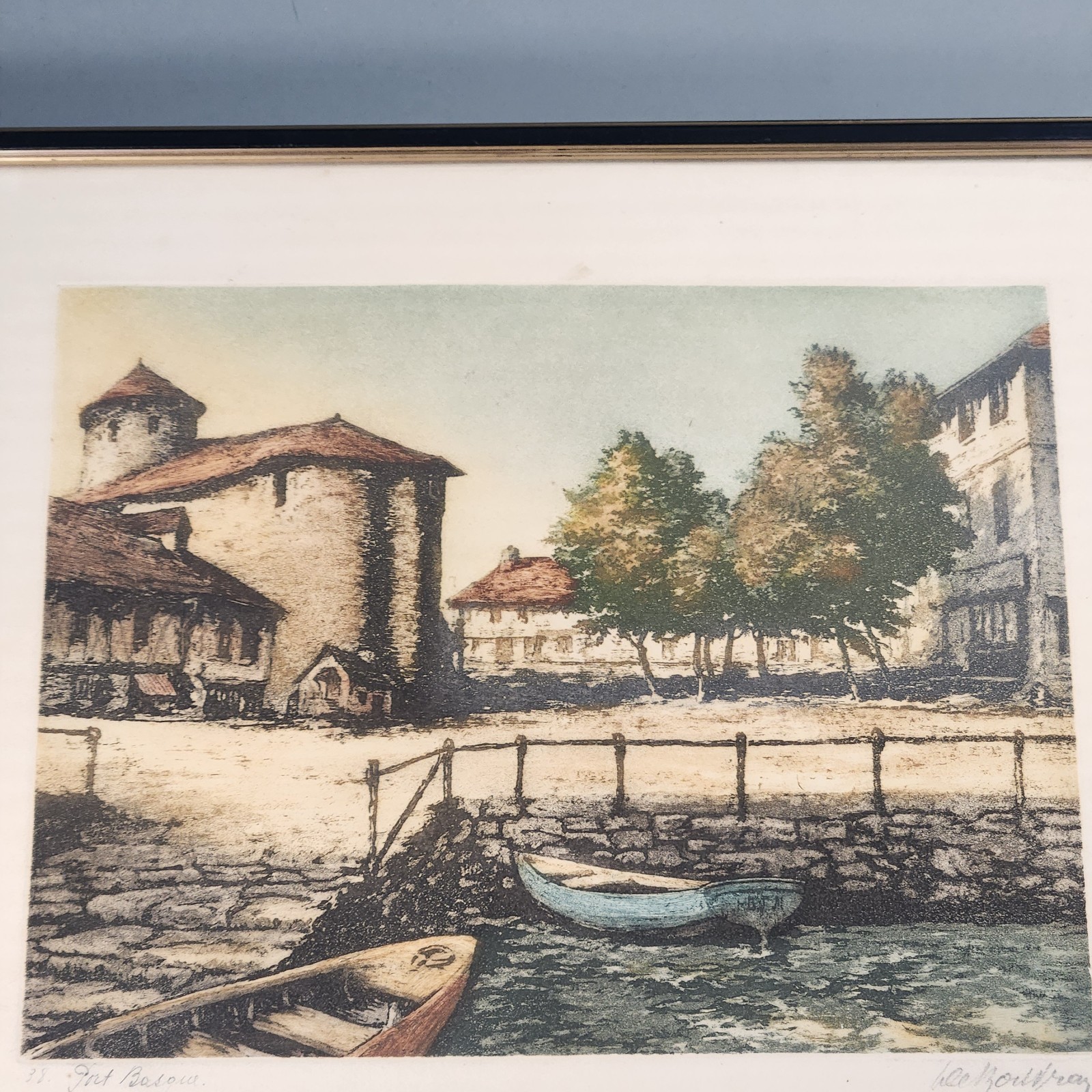 Vtg Signed French Etching Port Basou Harbor Medieval Tower Annecy Art