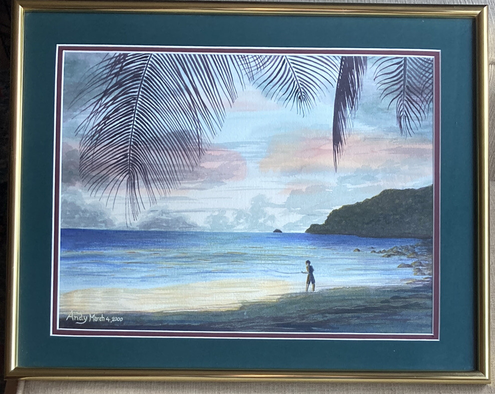 Vintage Original Watercolor Painting Ocean Palm Tree Coastal Tropical Island Sea