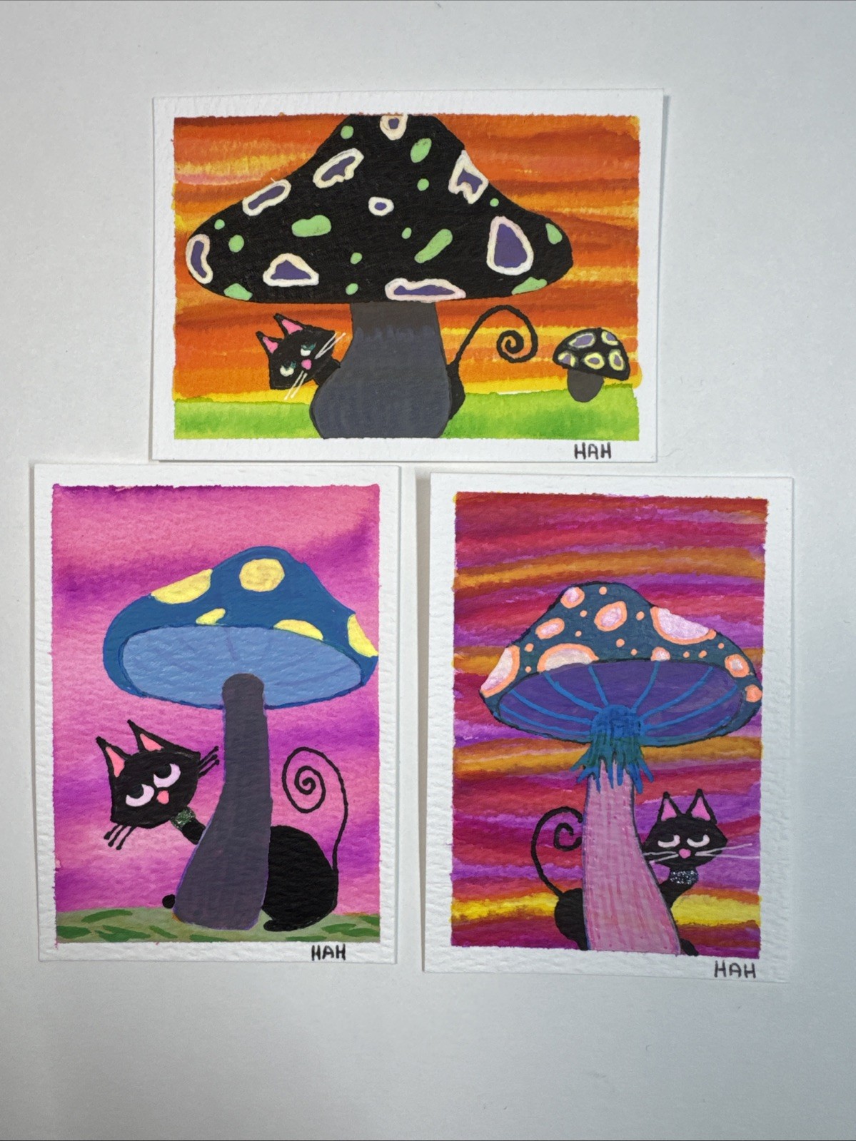 ACEO Set Of 3 Mixed Medium Mini Paintings Abstract Cats With Big Mushrooms