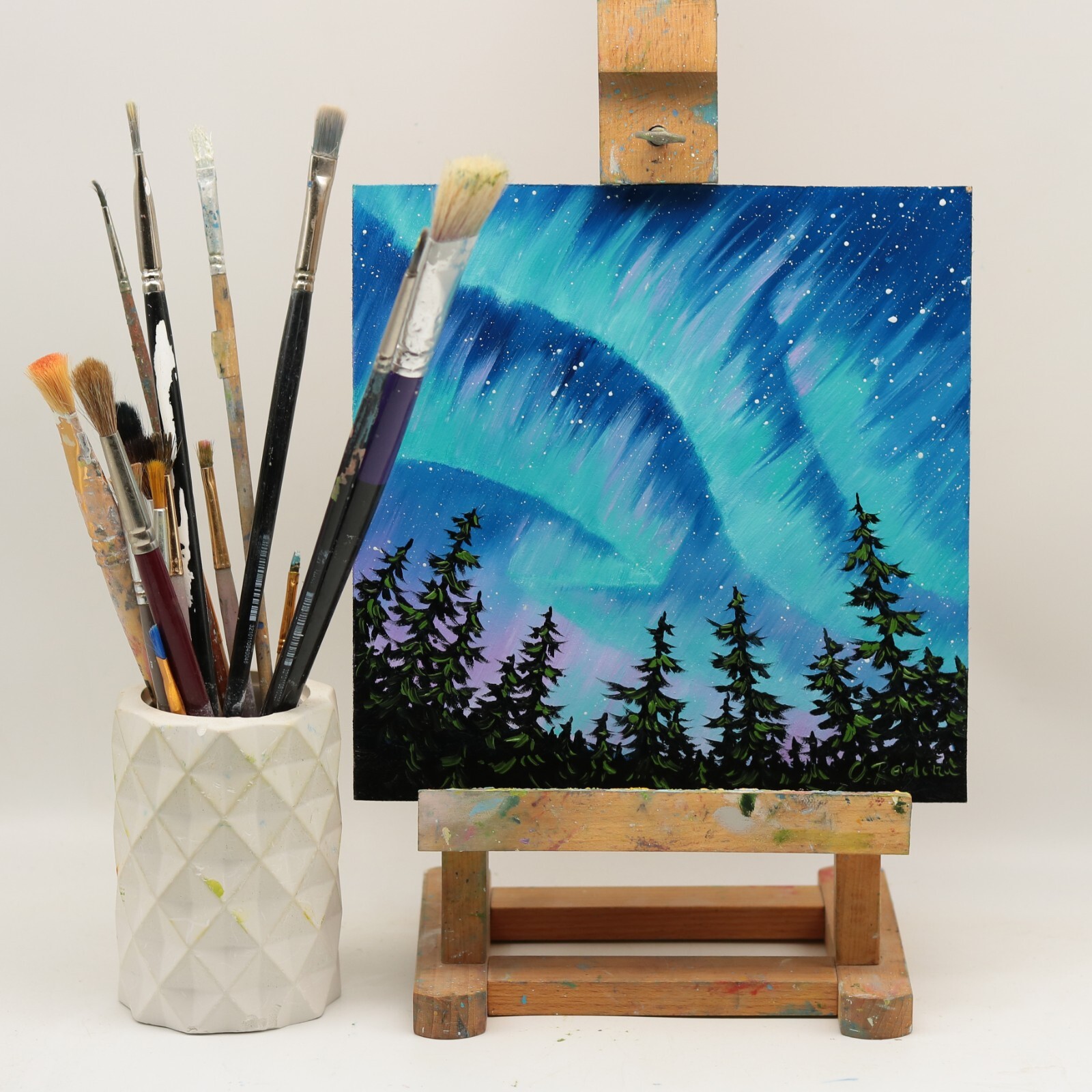 Northern Lights Oil Painting Original Pine Trees Under Aurora Borealis Night 8×8