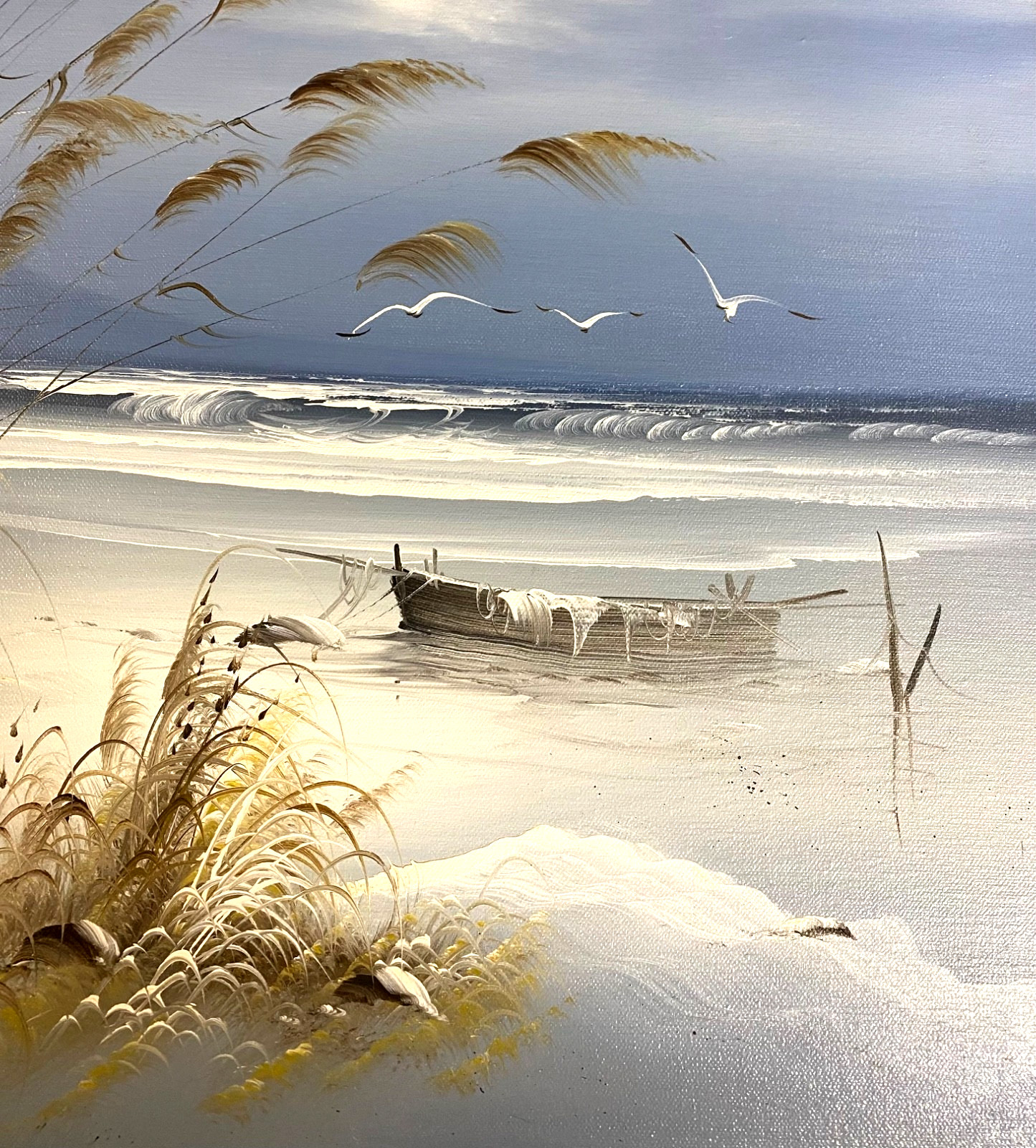 Vintage Painting Seashore Ocean Sandy Beach Landscape Original Art Framed 26×31
