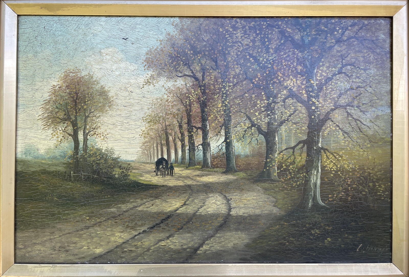 Impressionist Late Summer Landscape Country Road w/ Donkey Wagon Oil Painting Antique 75.5×56