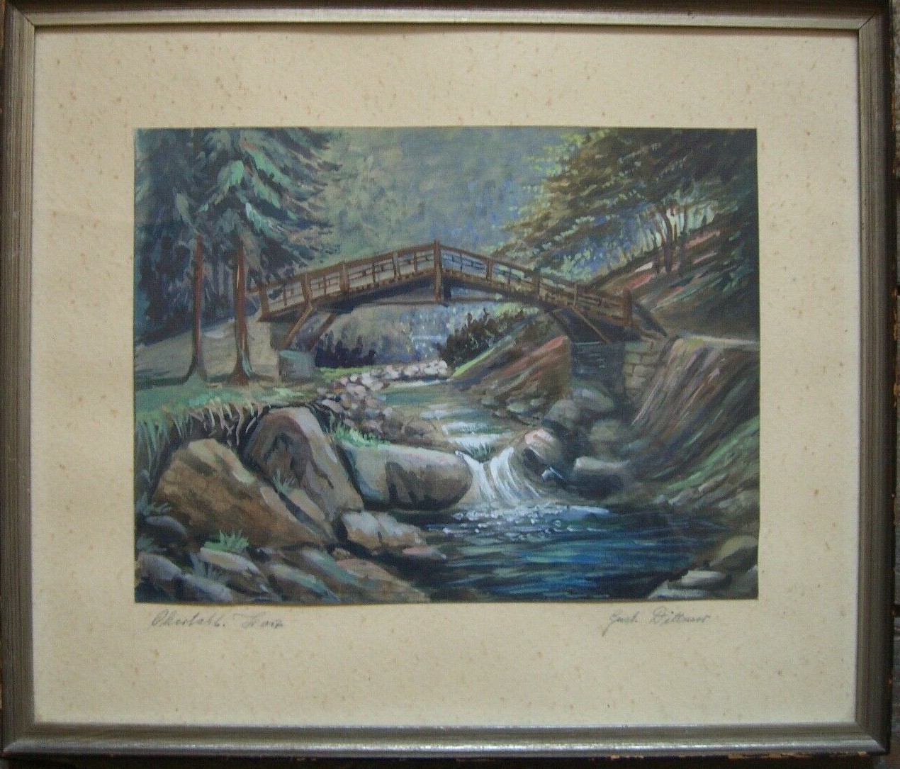 Watercolor Ochre Resin Bridge at the Stream Signed Gustav Dittmer River Signed