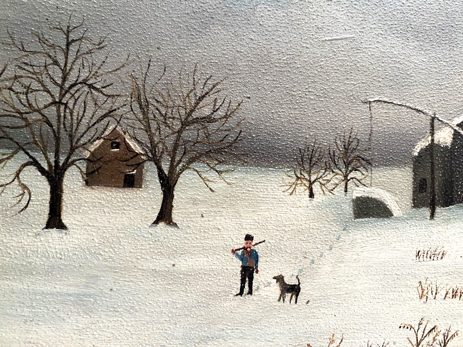 Vint. Orig. Art, Charming Primitive Winter Snow Scene-Master & Dog, Oil, Framed