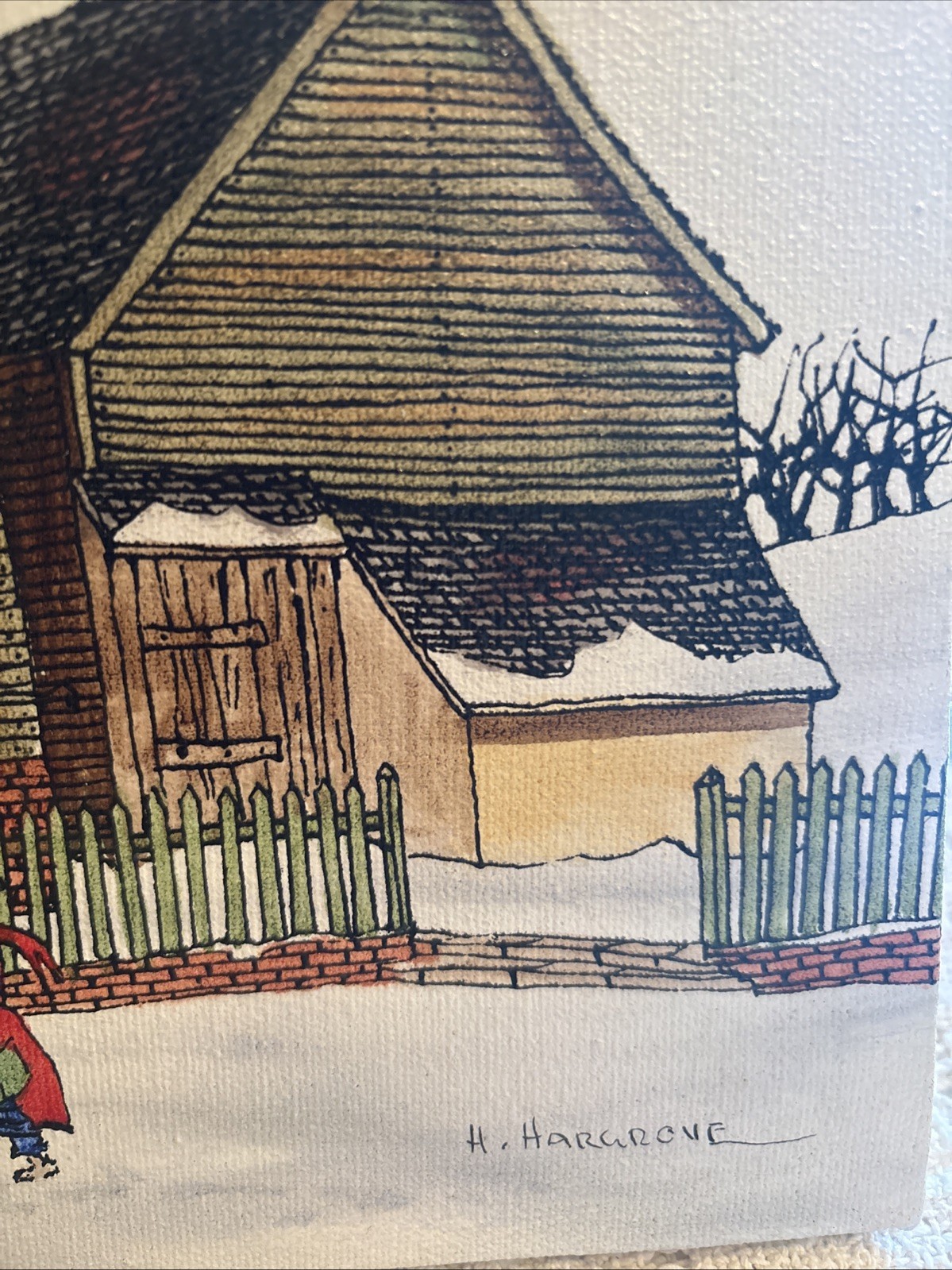 signed H. Hargrove Framed Serigraph Oil Painting SCHOOL HOUSE WINTER SCENE