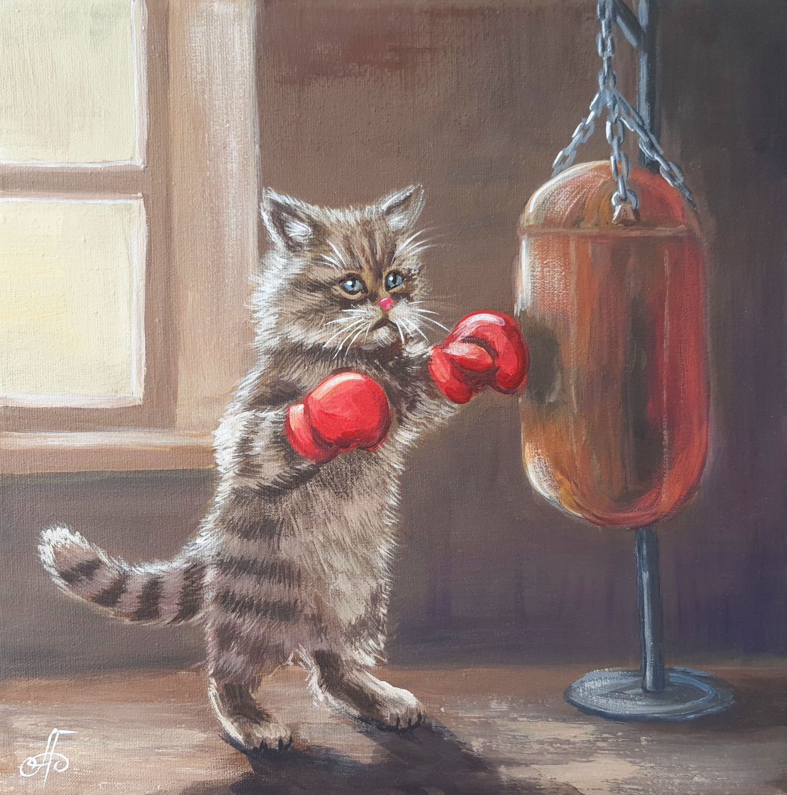 Funny Cat Boxing Oil Painting Original Animal Art Canvas Cute Kitten 10×10