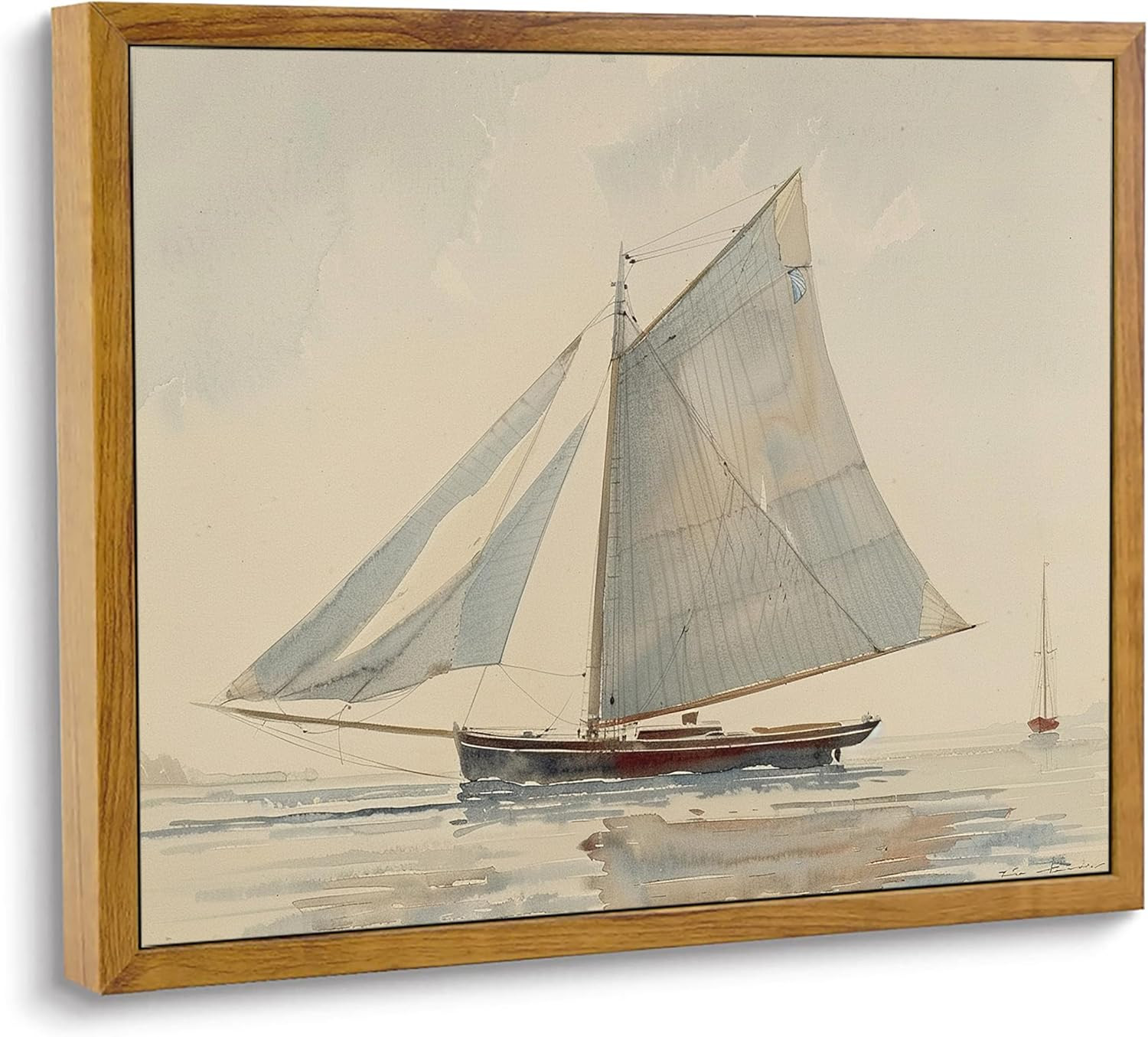 Ocean Framed Wall Art,Coastal Sailboat Canvas Oil Painting,Blue Ship Portrait Ae