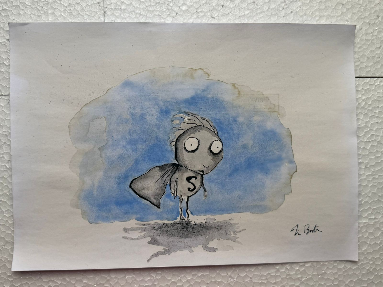TIM BURTON painting drawing on old paper signed stamped