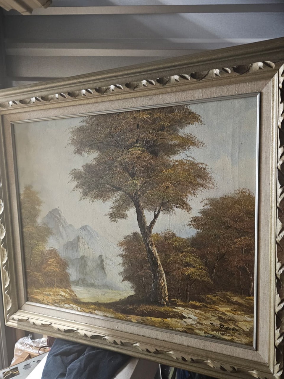 Vintage R. Scott Mountain Landscape Oil Painting Framed Autumn Trees Canvas Art