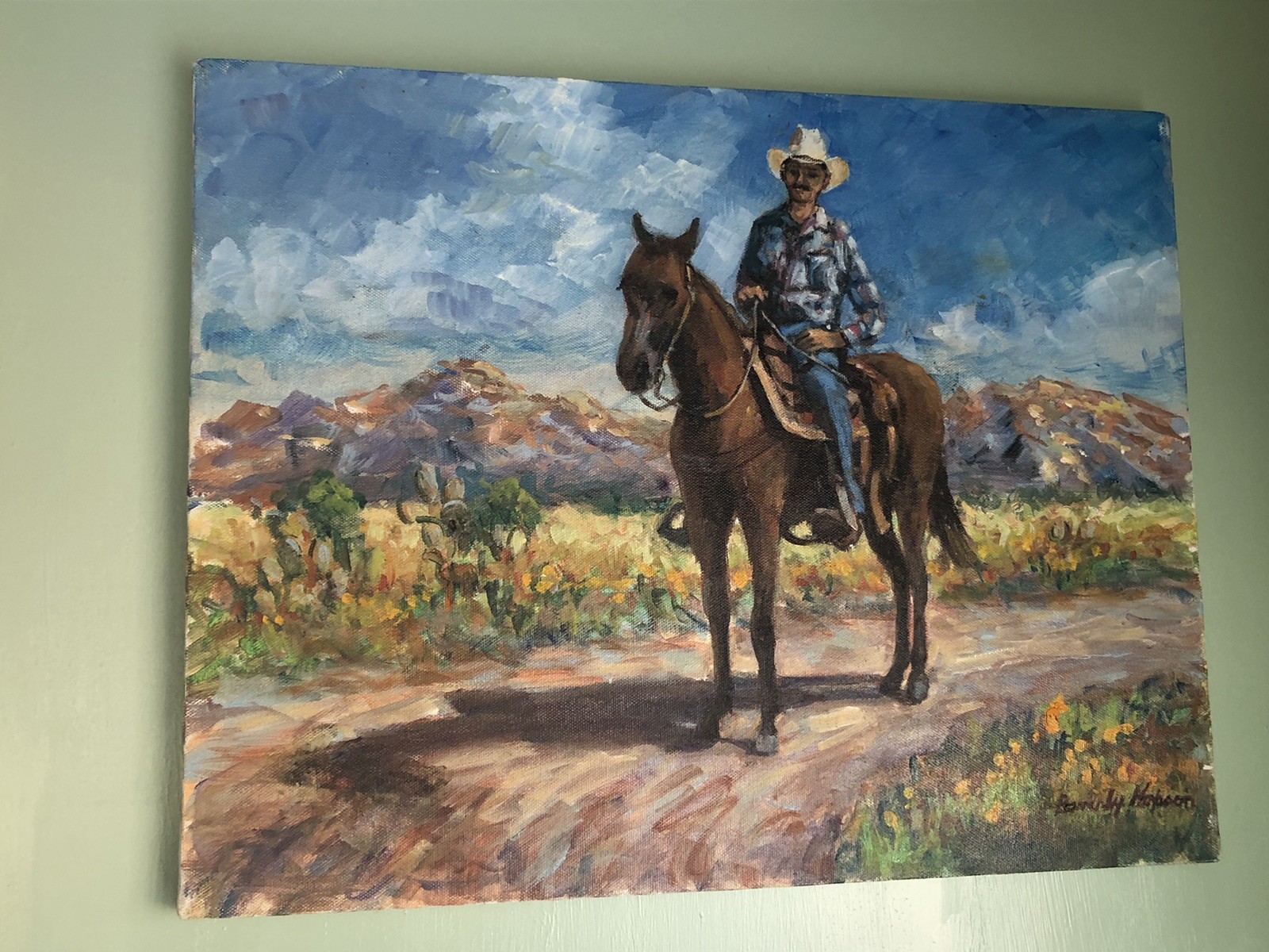Western Cowboy On His Horse Canvas Painting Signed, Mountains Cactus 14 X 18”