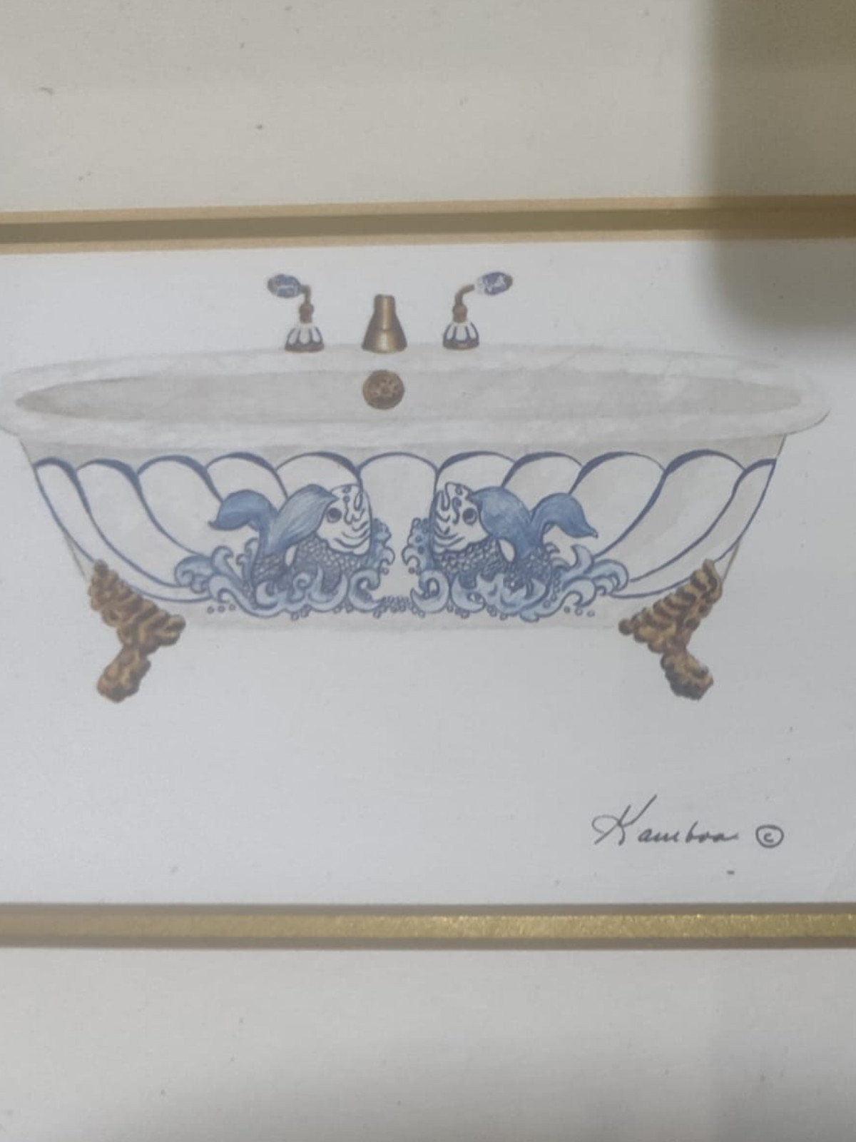Consuelo Gamboa Vintage Bathtub Art Print | Blue White Bathroom Wall Decor
