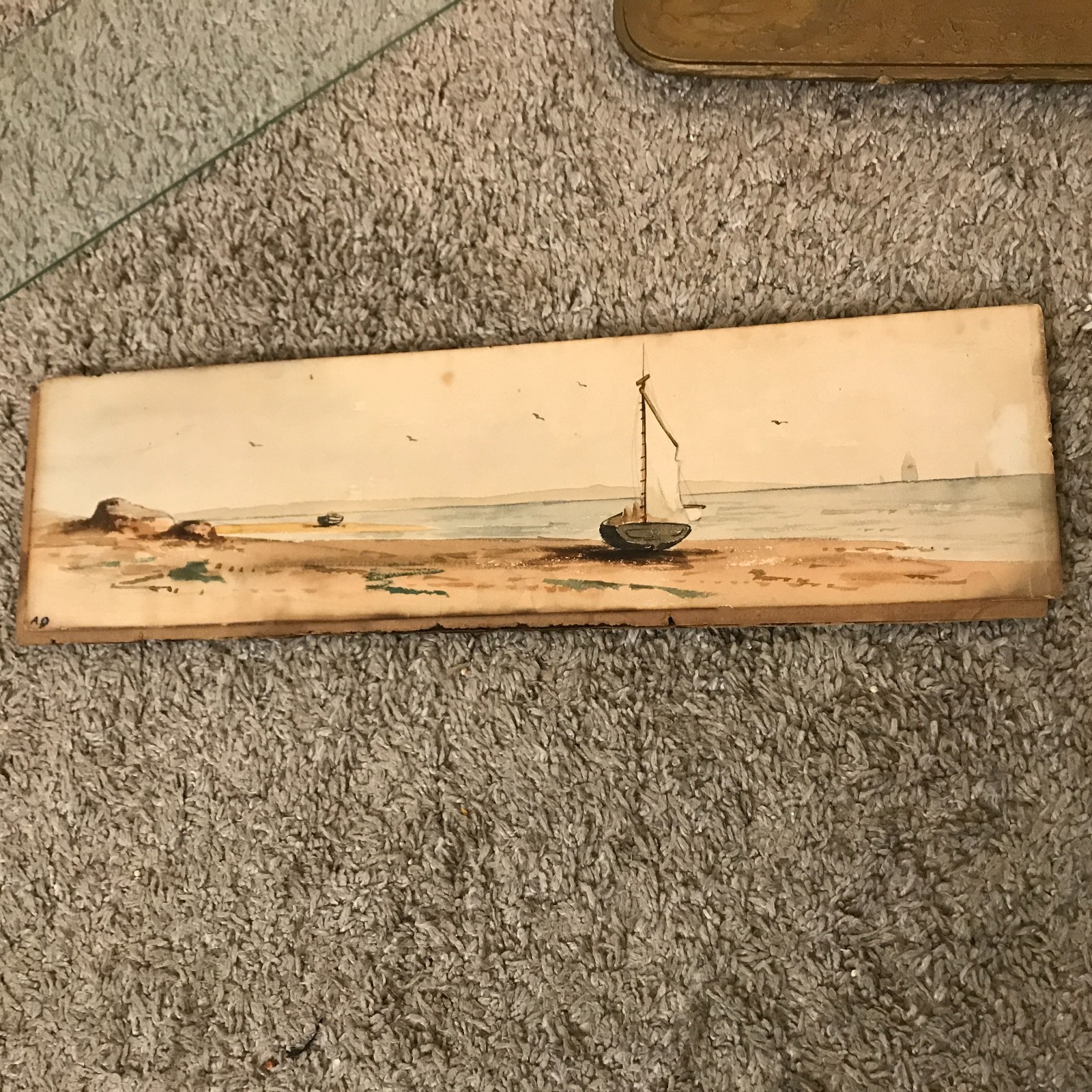 Arthur Quartley Seascape with Beached Sailboat Antique Watercolor Painting