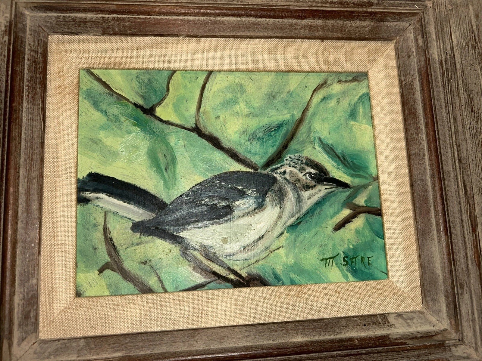 VTG Original Bird On Branch Mockingbird Signed M Sare 14.25”T 16.25”W Framed