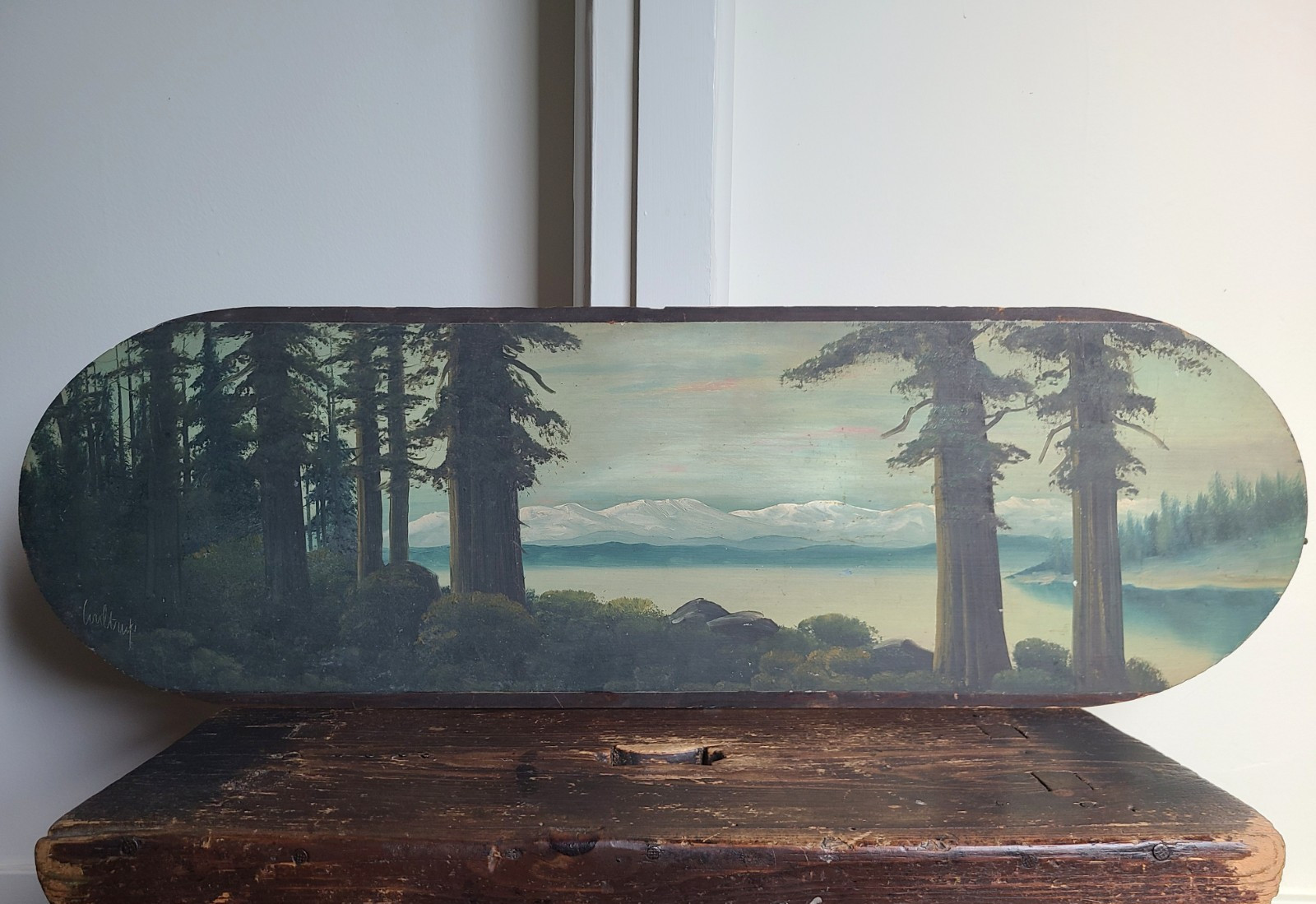 Antique 1930’s Oil Painting By John Coultrup Alpine Lake Winter Forest Folk Art