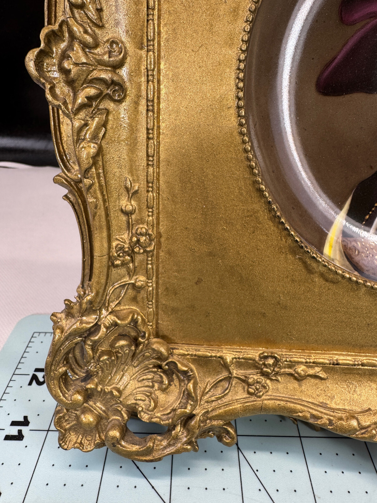Hand Painted Porcelain Portrait Plaque in Ornate Gold Wood Frame