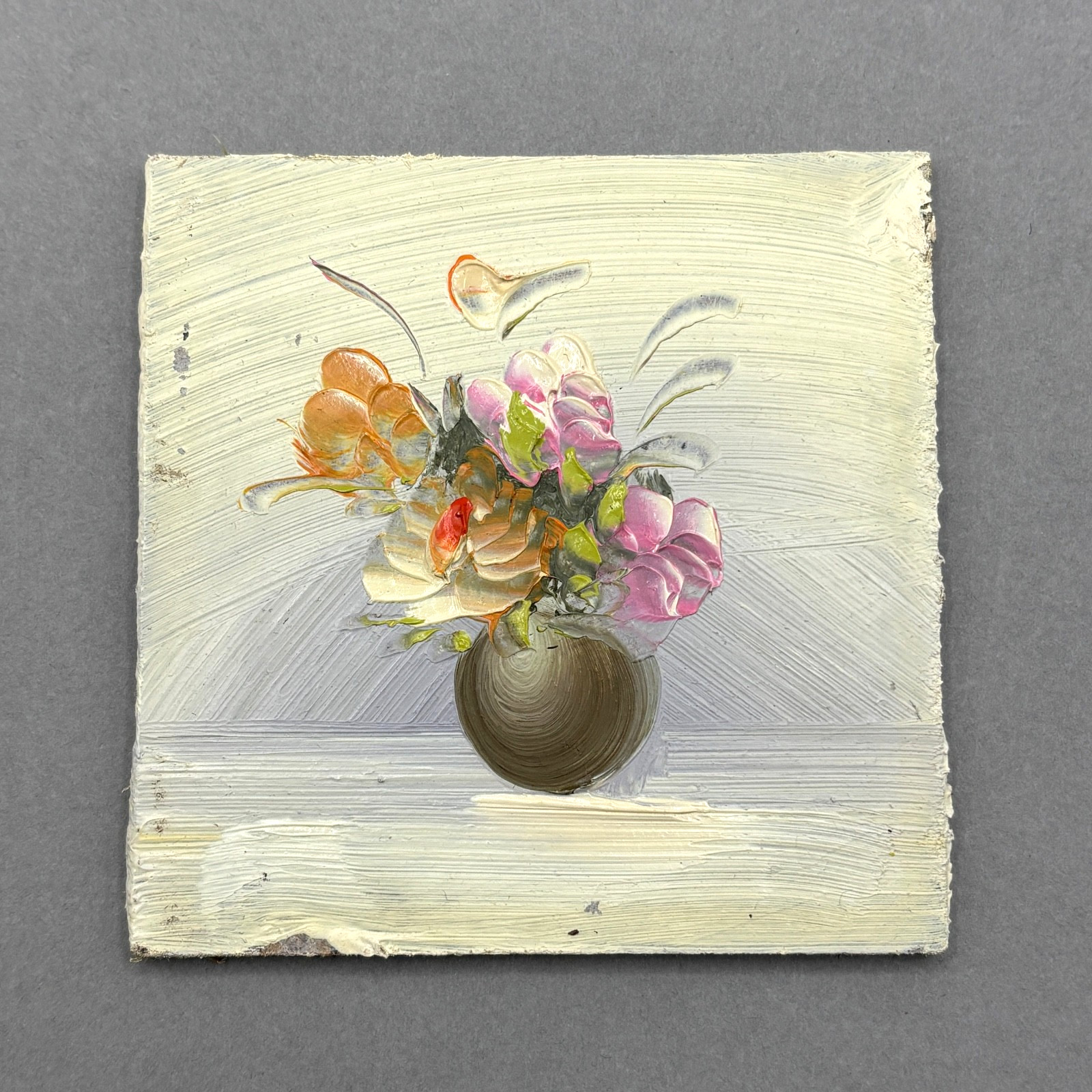 Vintage Miniature Oil Painting Pink Flowers in Vase Dollhouse 3″ x 3″ Unframed