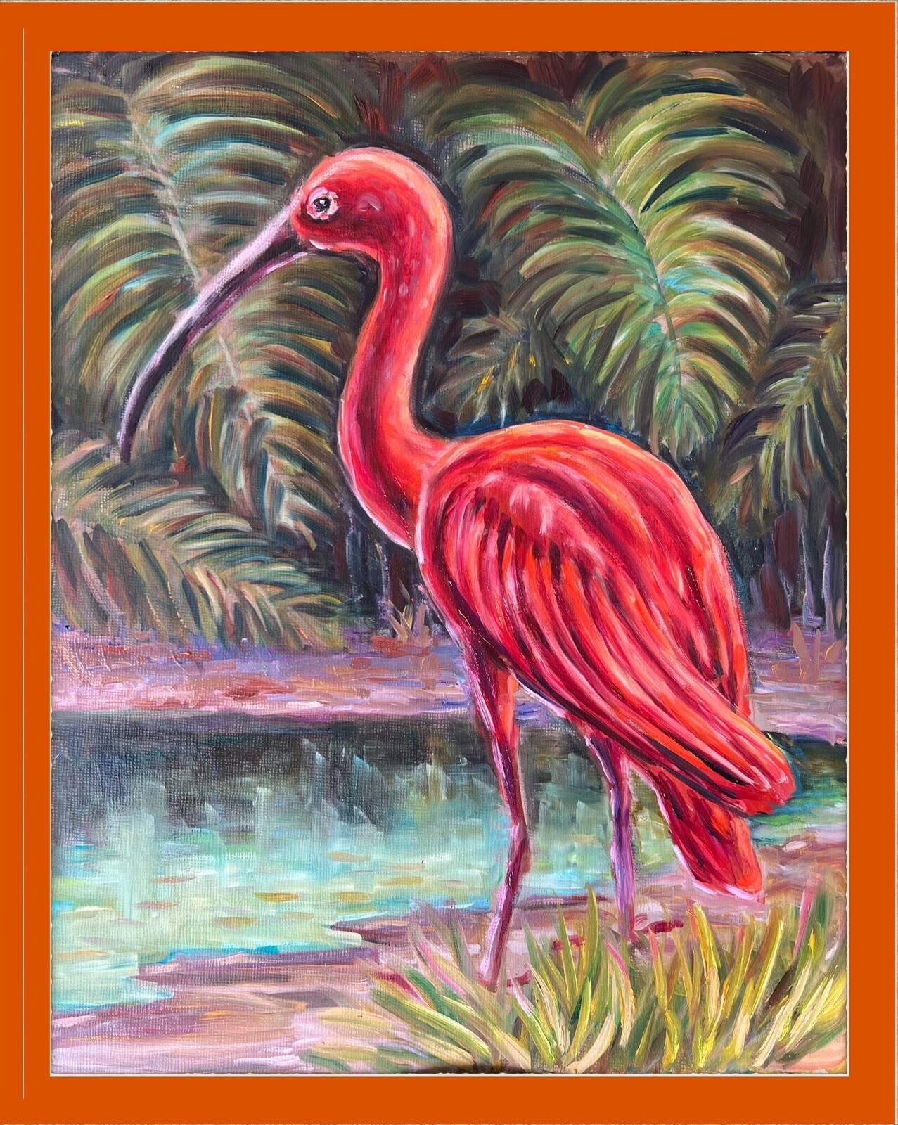 Red Bird Oil Painting Original Scarlet Ibis Wall Art 11×14 Wild Nature Decor