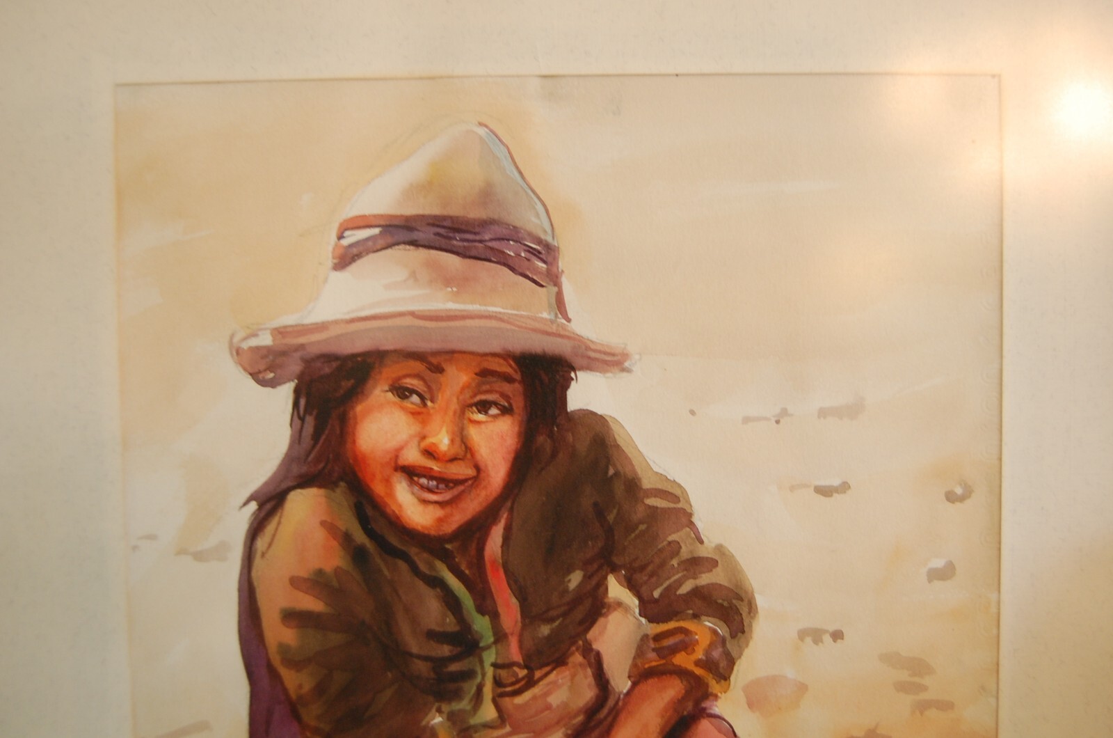 VINTAGE FRAMED MATTED ORIGINAL WATERCOLOR PAINTING OF PERUVIAN NATIVE GIRL CHILD