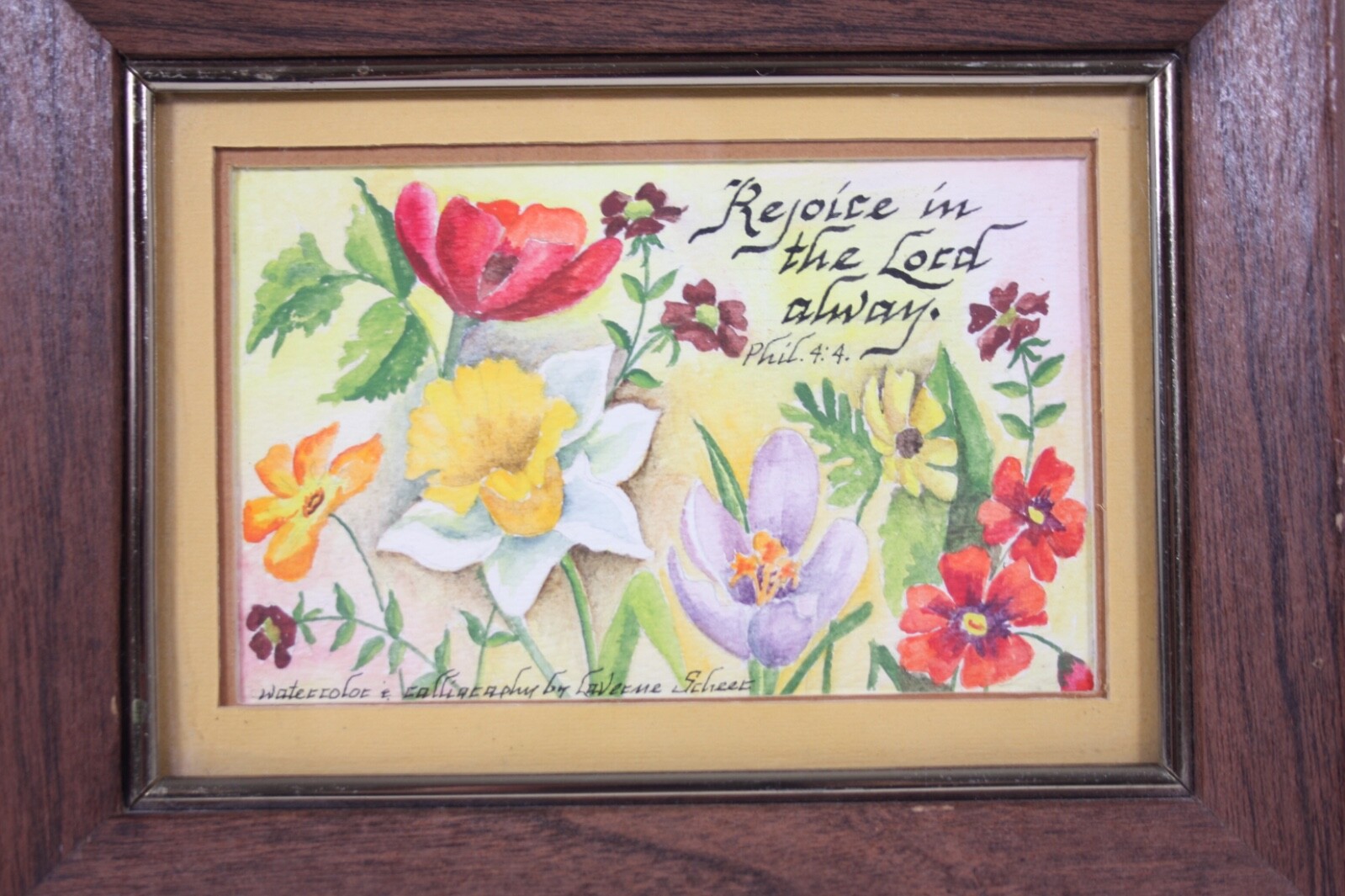 Laverne Scheet Floral Watercolor Vtg Art 6.5 x 8.5 Rejoice Phil 4:4 Verse Faith
