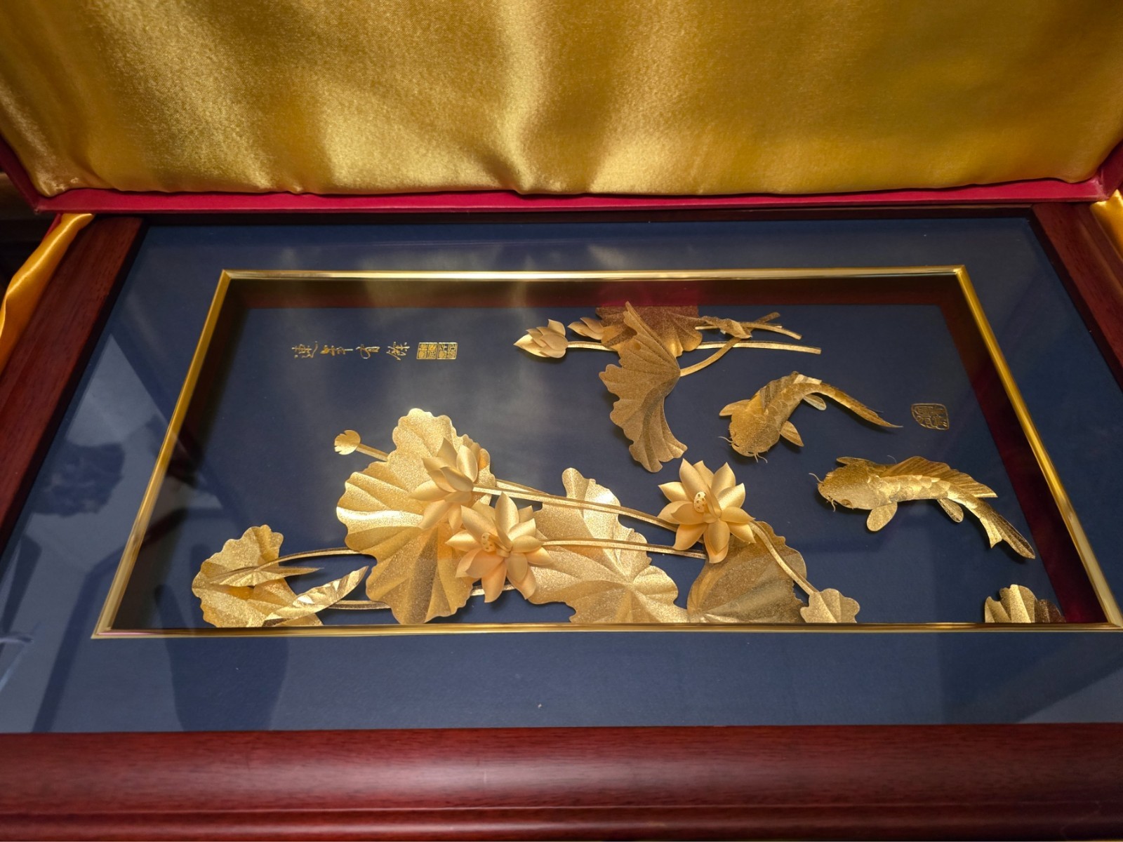 3D Effect Painting 24ct Gold Leaf koi fish in a lotus pond framed. Rare Find!