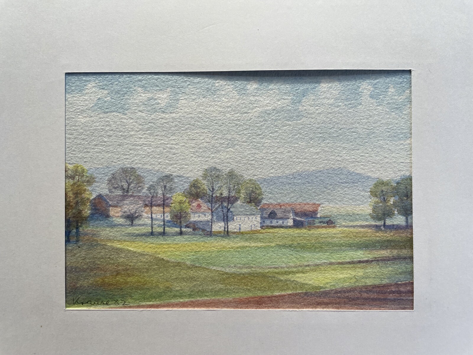 DEUTSCHER MALER SOMMERLANDSCHAFT MIT KLEINEM DORF AQUARELL KRAUSE 1982