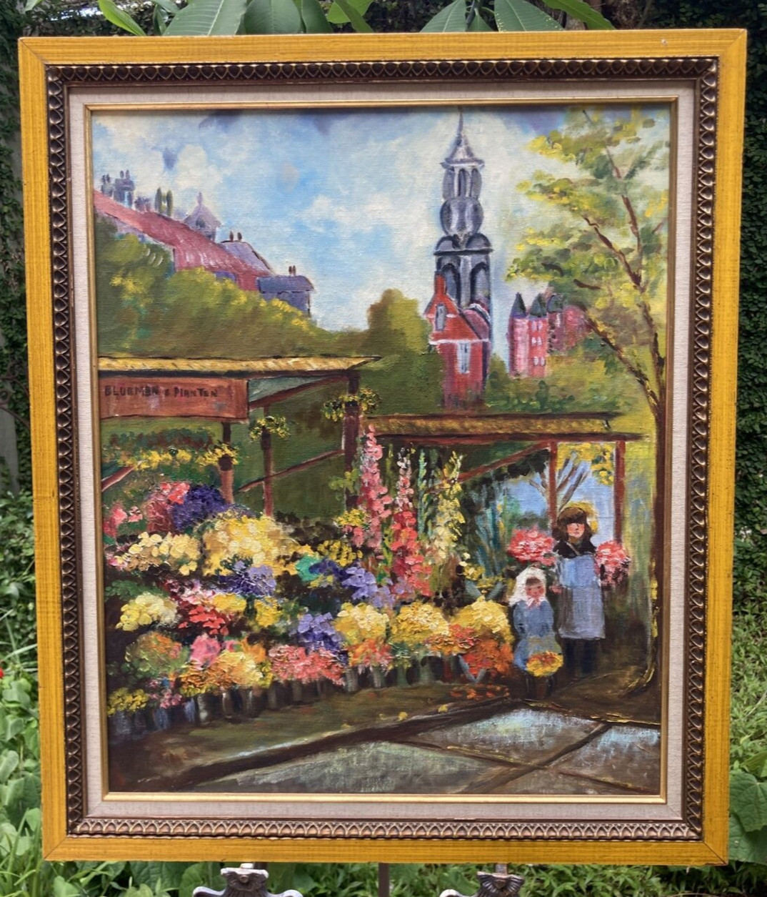German Flower Market, Oil on Board Painting 28” X 24” Great Colors, Unsigned