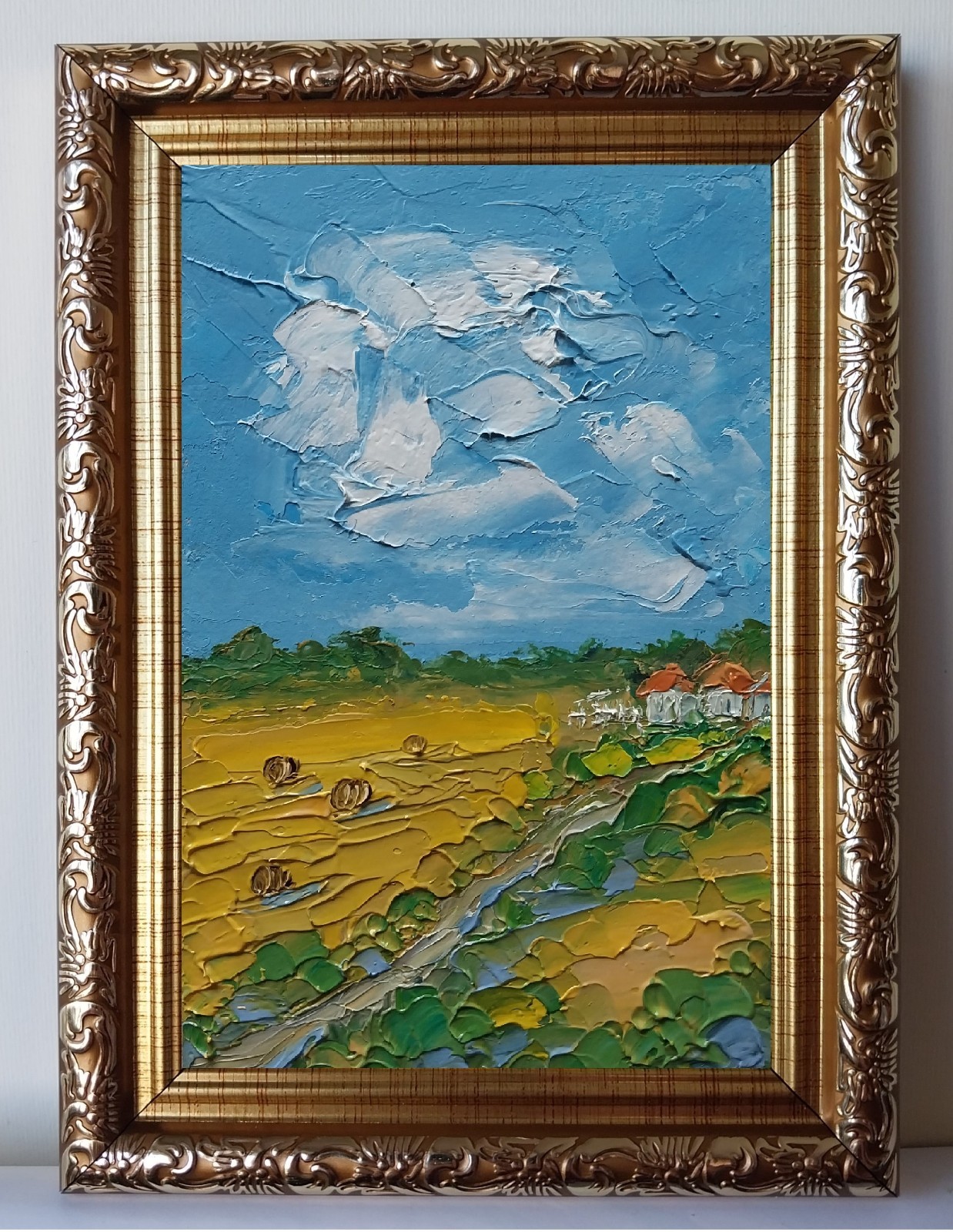 Framed Countryside Farmhouse Landscape Hay Bales Field 4×6 Original Oil Painting