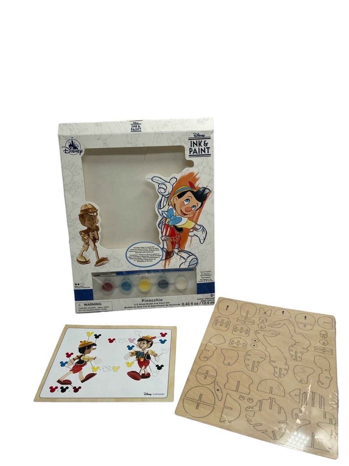 Disney Parks Ink & Paint Pinocchio 3D Wood Model and Paint Set Craft Open Box