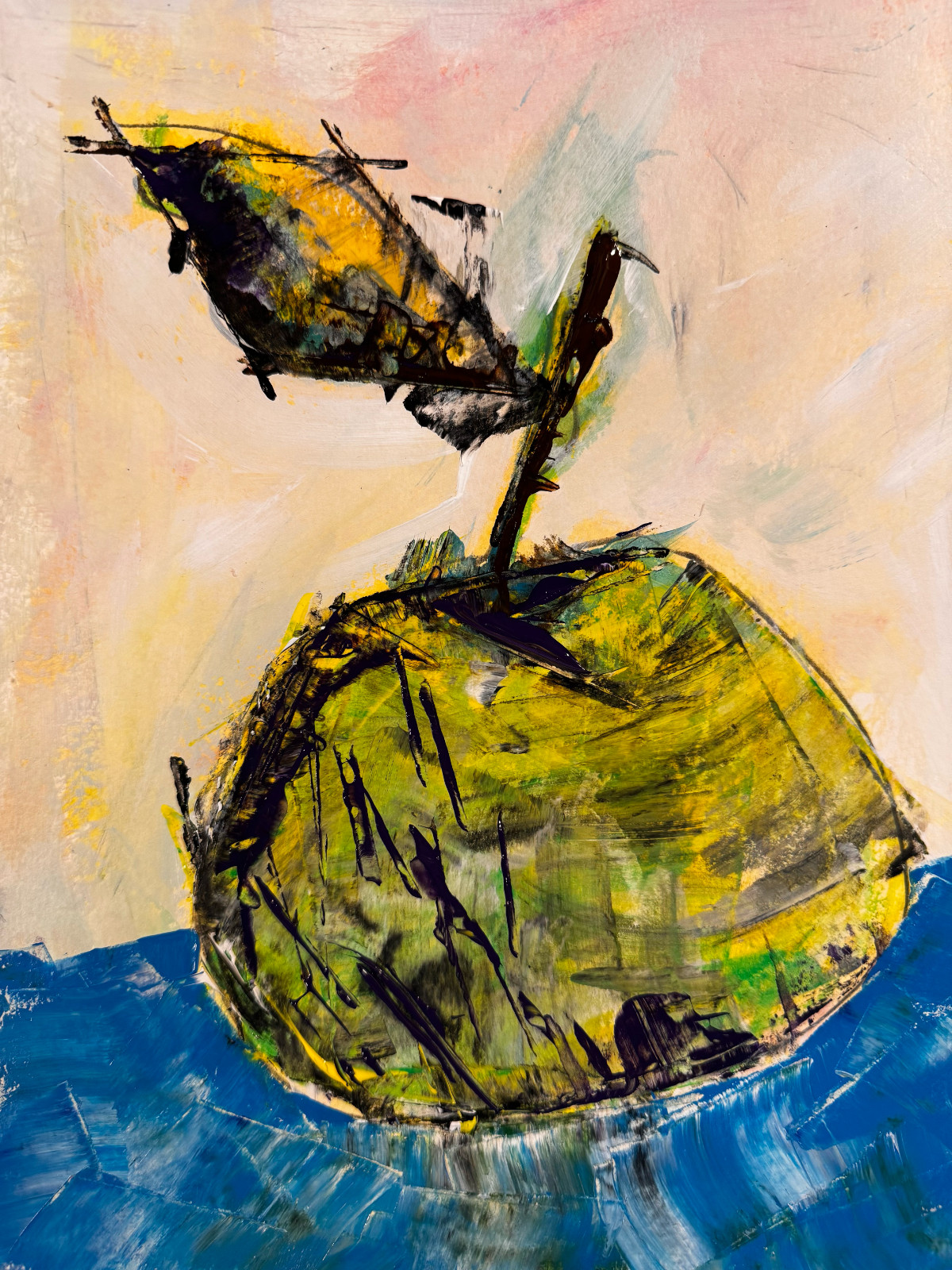 Original Abstract Expressionism 9×12 Green Apple Paper Handmade Signed Colorful
