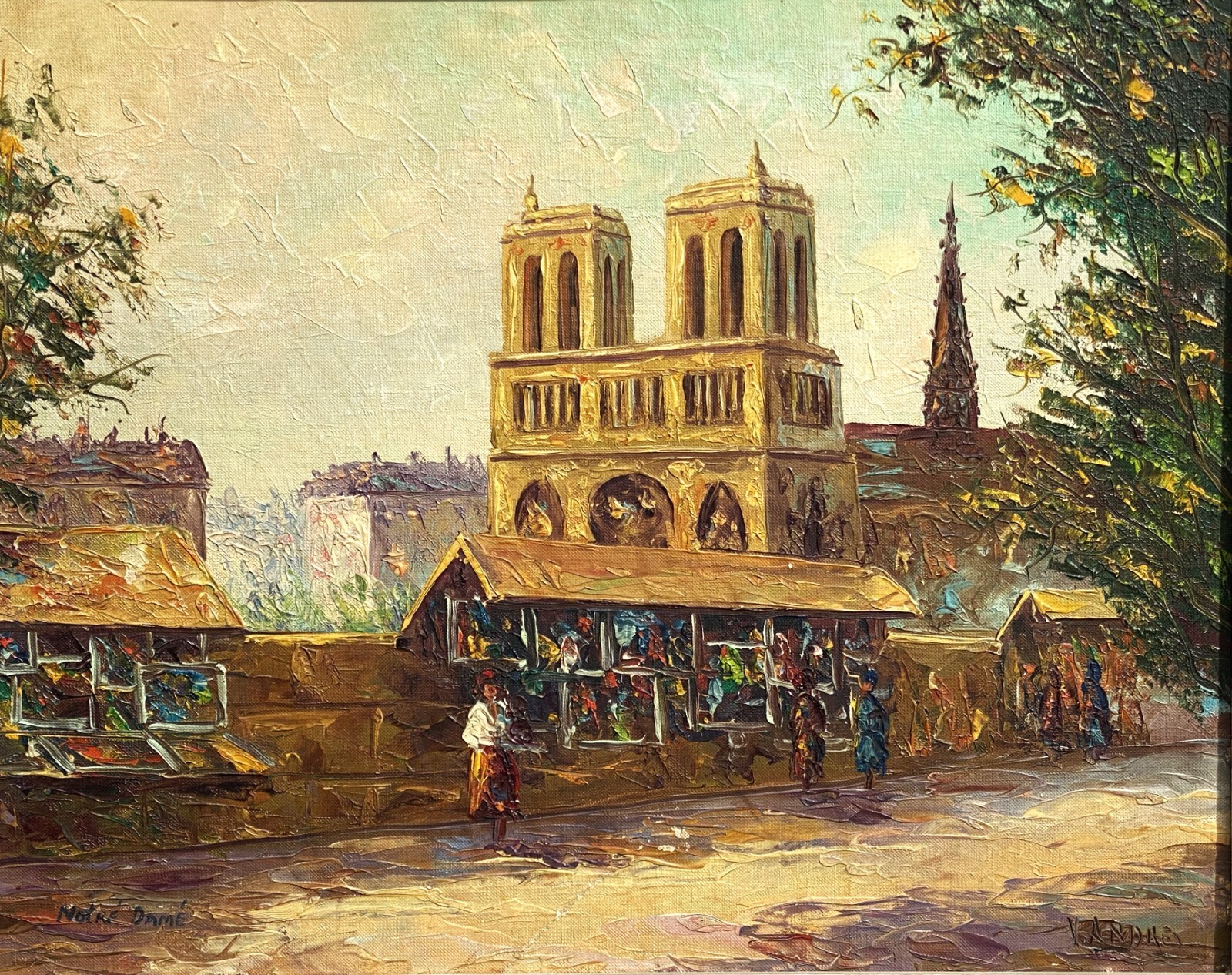 V. Andres (French, 20th C), VTG mid- 20th C Original Textured O/B «Notre Dame»!