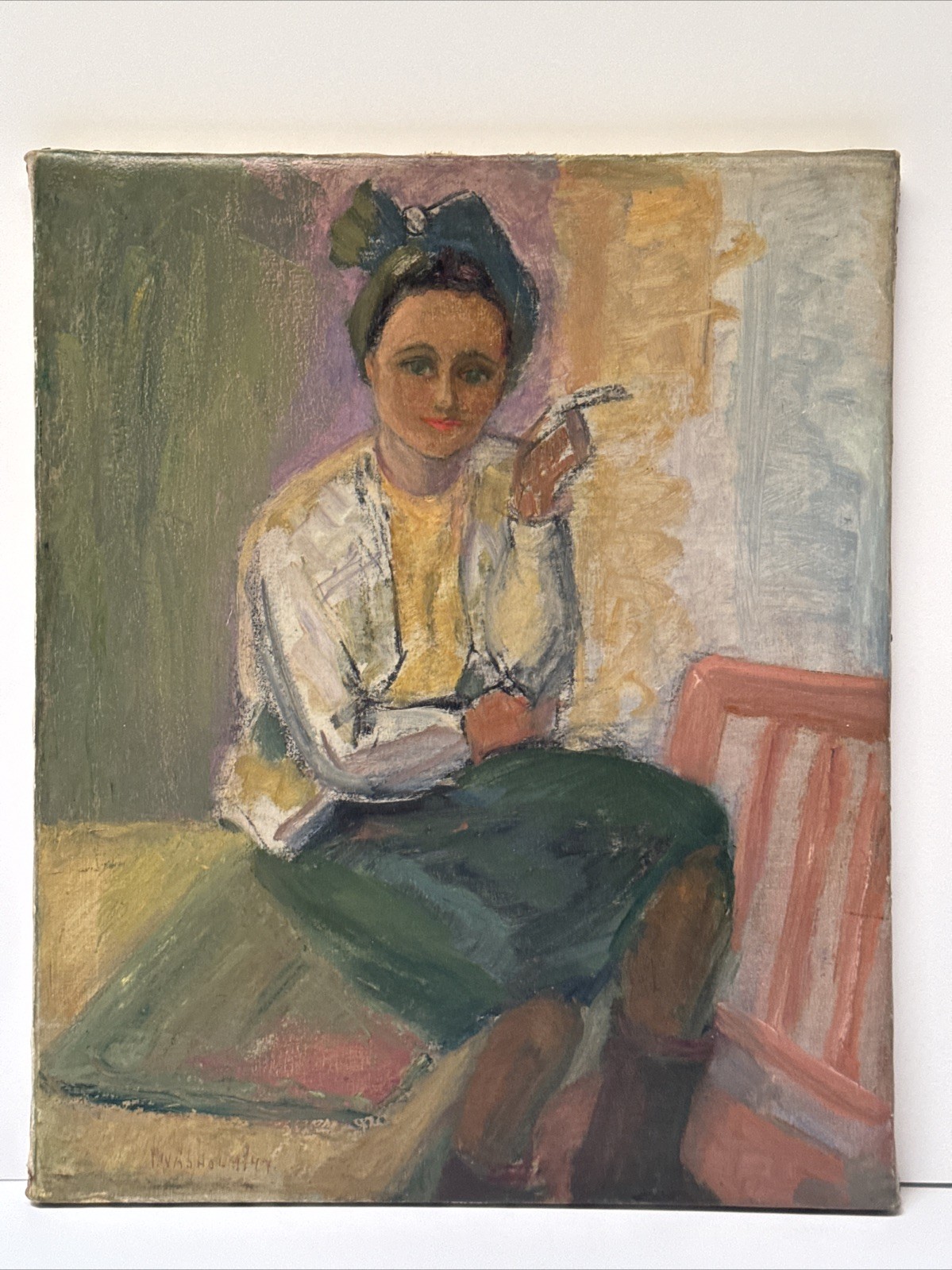 Antique Painting Impressionist Woman Women Pretty Female Model 1940’s Oil