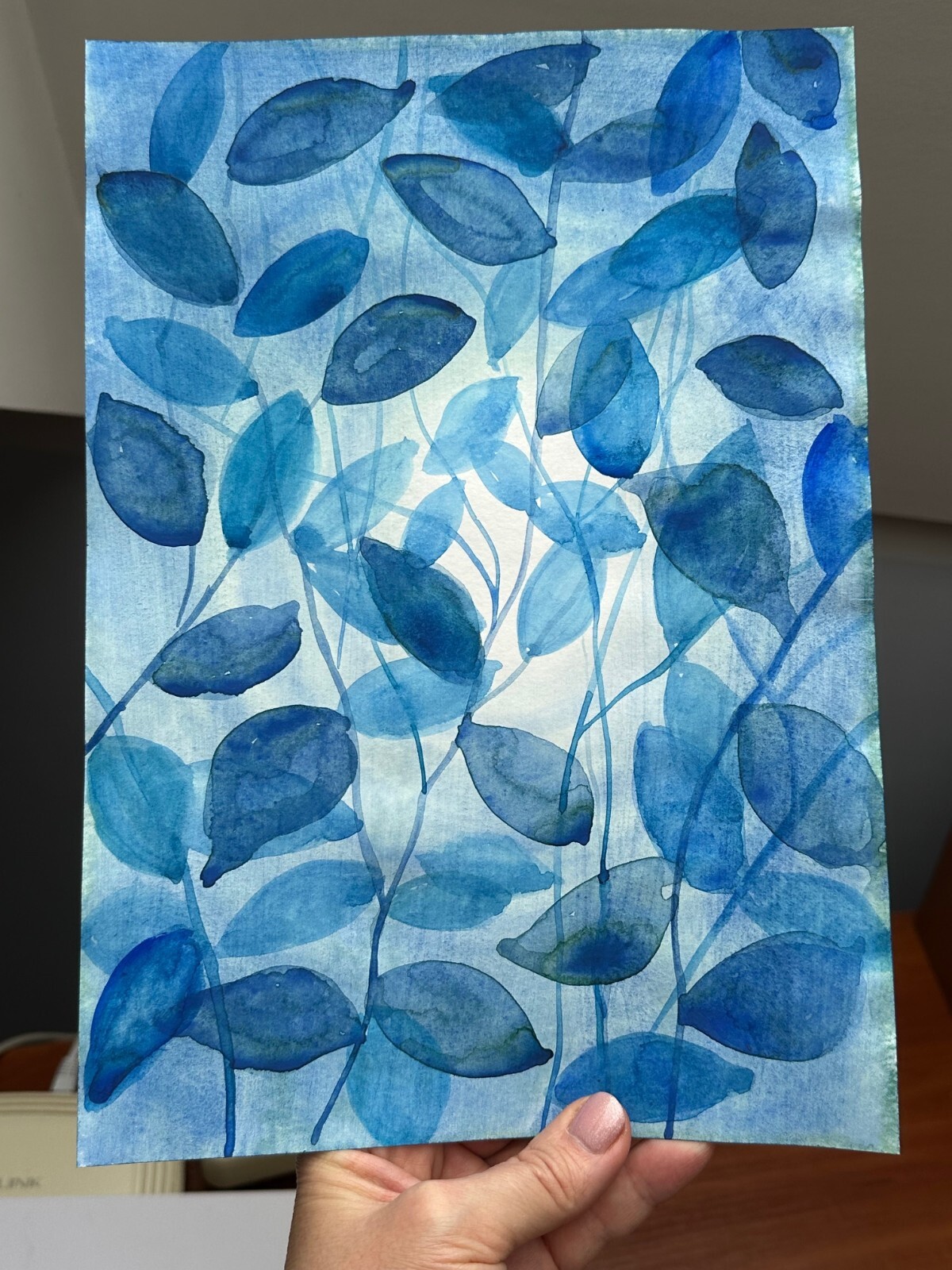 Original Watercolor Painting A4 Pattern of blue leaves decorative pattern