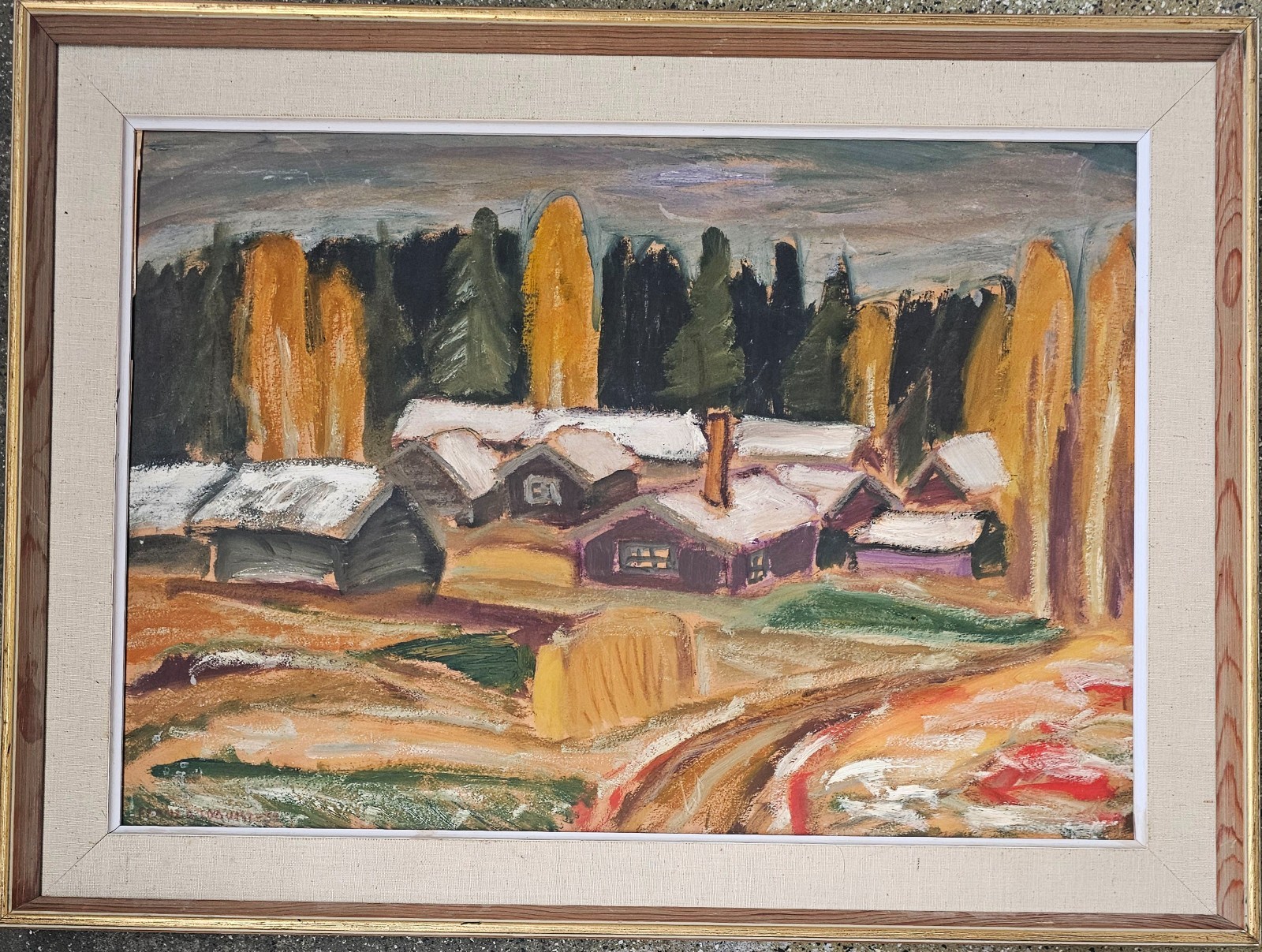SCANDINAVIAN AUTMN LANDSCAPE WITH CABINS MID CENTURY OIL PAINTING FRANZ LOQUIST