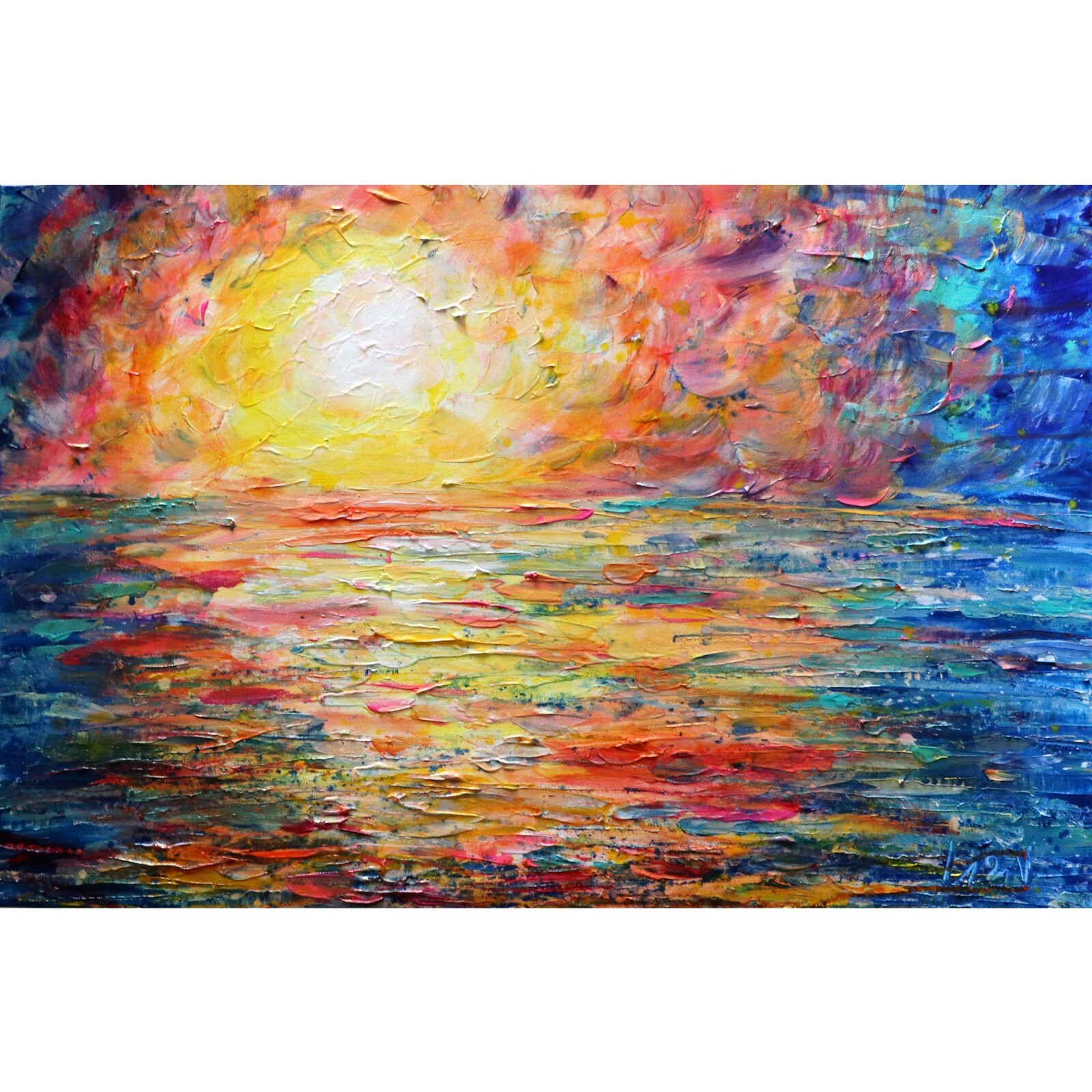 Original Ocean Sunset Painting 30×20 Colorful Lake Abstract Oil Wall Art