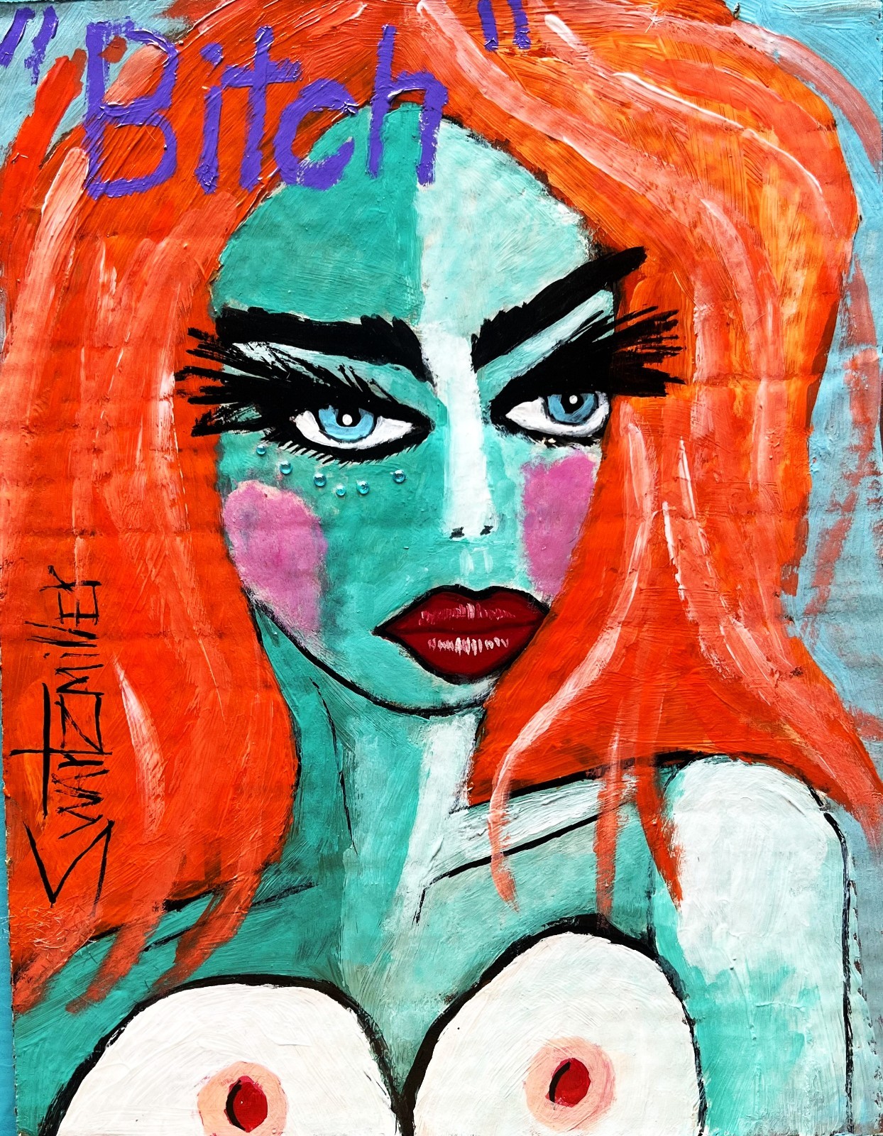 ORIGINAL Pop Art COLORFUL GREEN LADY NUDE PAINTING SWARTZMILLER DNA SIGNED wall