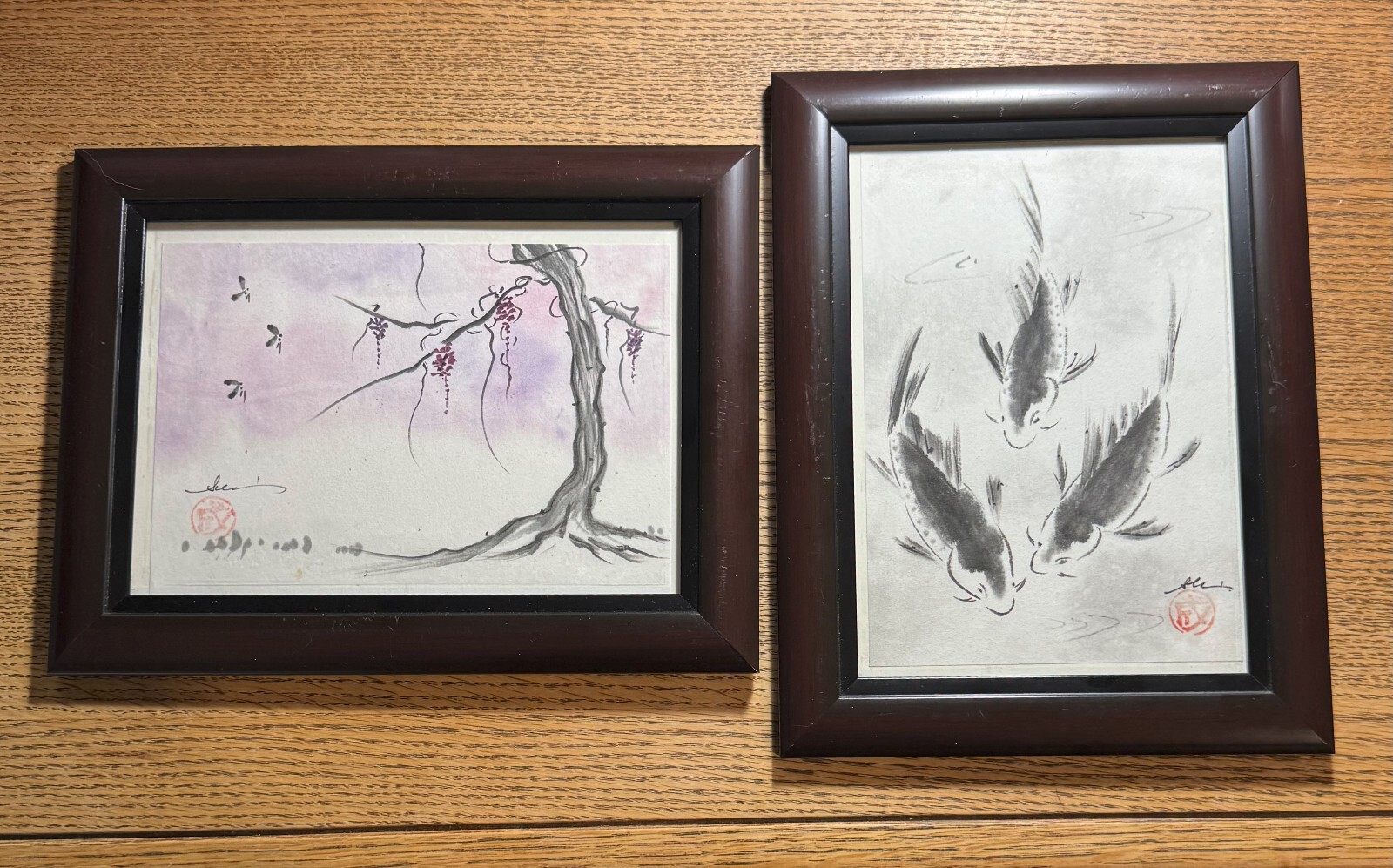 2 Original Framed Sumi-e Black Ink Wash Paintings on Paper. Signature & Red Seal