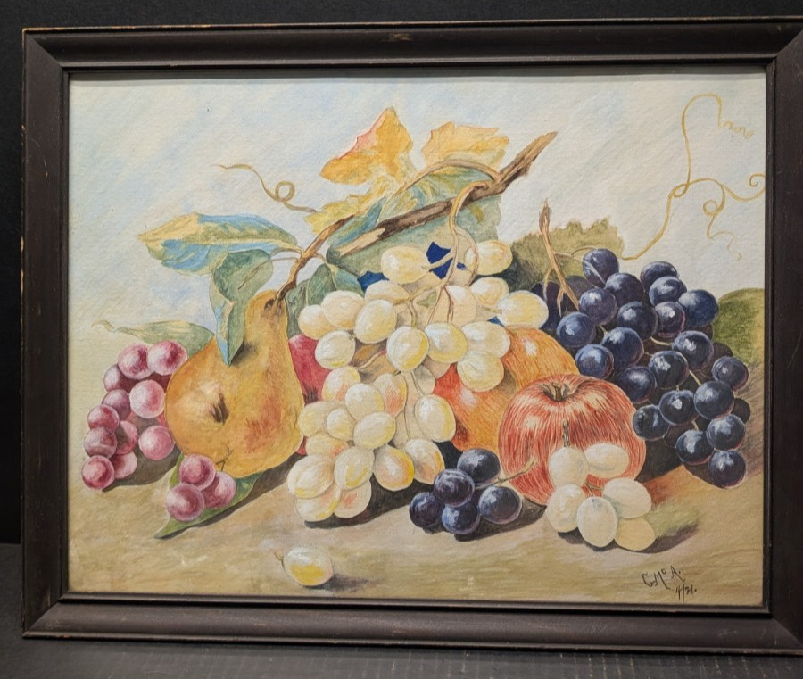 Vtg Watercolor Painting Still Life of Fruit Framed Dated 1941 18″W x 14″H C. McA