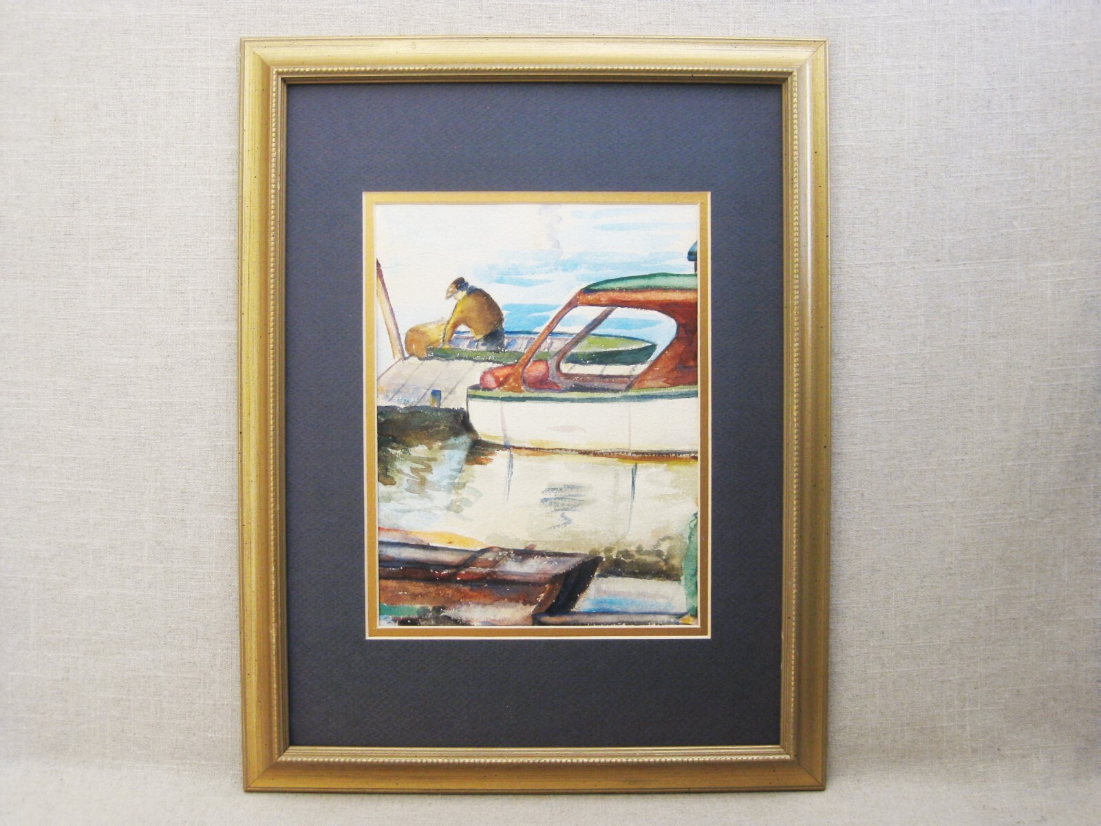 Nautical Landscape Painting, Watercolor Original Framed Boat Dock, Vintage